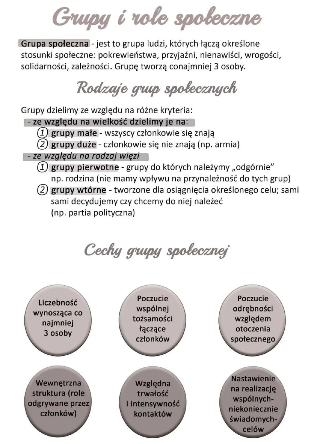Grupy i role społeczne
Grupa społeczna - jest to grupa ludzi, których łączą określone
stosunki społeczne: pokrewieństwa, przyjaźni, nienawiś