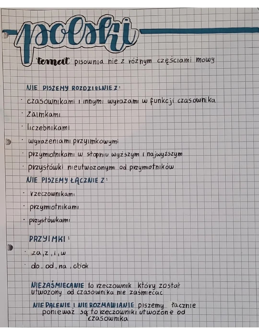 polski - pisownia nie z różnymi częściami mowy