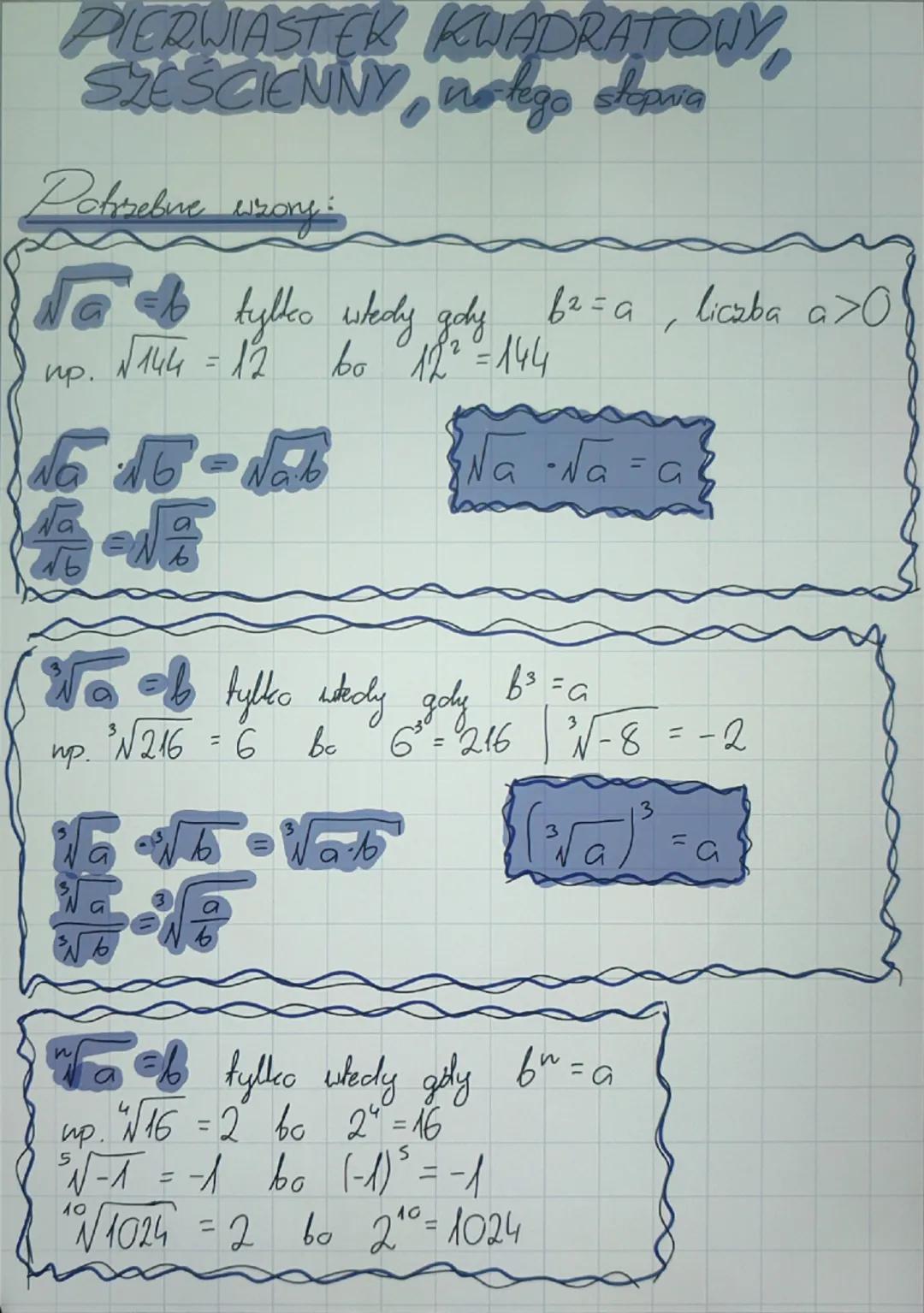# PIERWIASTEK KUADRATOWY,
SZESCIENNY, n-tego stopnia

Potrzebne wzory:

$\sqrt{a} = b$ tylko wtedy gdy $b^2 = a$, liczba $a > 0$

np. $\sqrt