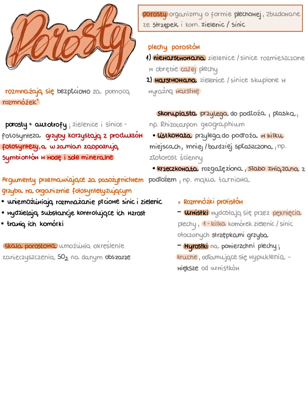 Parosty
rozmnażają się bezpłciowo za pomocą
rozmnóżek*
porosty = autotrofy i zielenice i sinice -
fotosynteza grzyby korzystają z produktów
