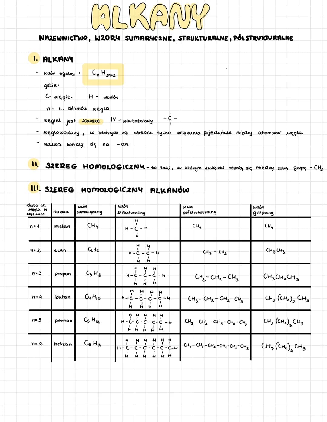 ALKANY
NAZEWNICTWO, W20R4 SUMARYCZNE, STRUKTURALNE, PÓŁ STRUKTURALNE
1. ALKANY
-
n=1
CH₂.
11. SZEREG HOMOLOGICZNY - to taki, w którym związk