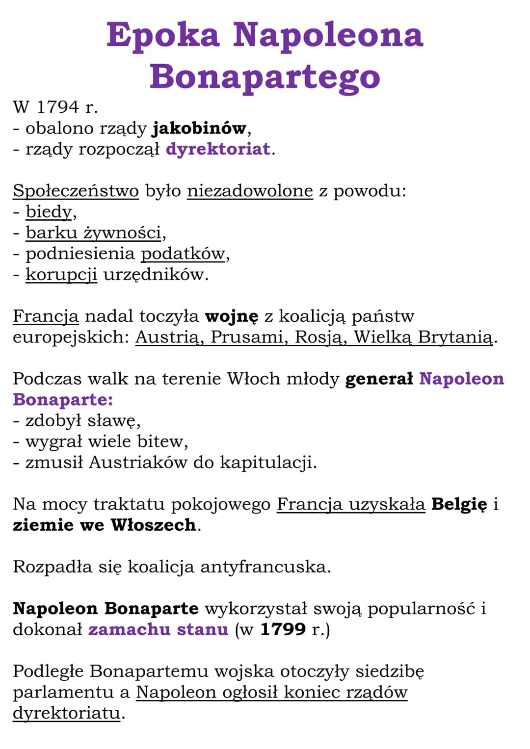 Epoka Napoleona
Bonapartego
W 1794 r.
- obalono rządy jakobinów,
- rządy rozpoczął dyrektoriat.
Społeczeństwo było niezadowolone z powodu:
-