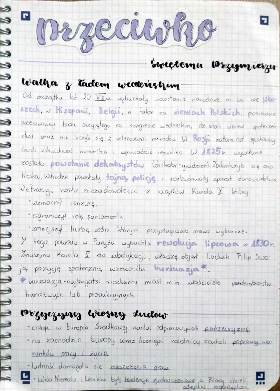 przeciwko
walka z tadem wiedeńskim
we liko-
Od poczaythu lat 20 XIX w. wybuchały powstania navodowe m. in
szech, w Hiszpanii, Belgii, a takż