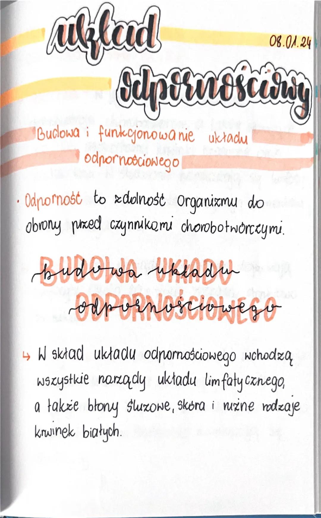 --- OCR Start ---
uklead
08.01.24
Selpornościowy
Budowa i funkcjonowanie układu
odpornościowego
Odporność to zdolność Organizmu do
obrony pr