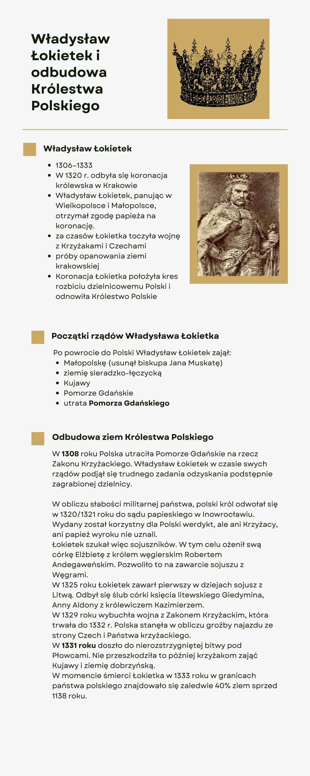 Władysław
Łokietek i
odbudowa
Królestwa
Polskiego
Władysław Łokietek
• 1306-1333
• W 1320 r. odbyła się koronacja
królewska w Krakowie
• Wła
