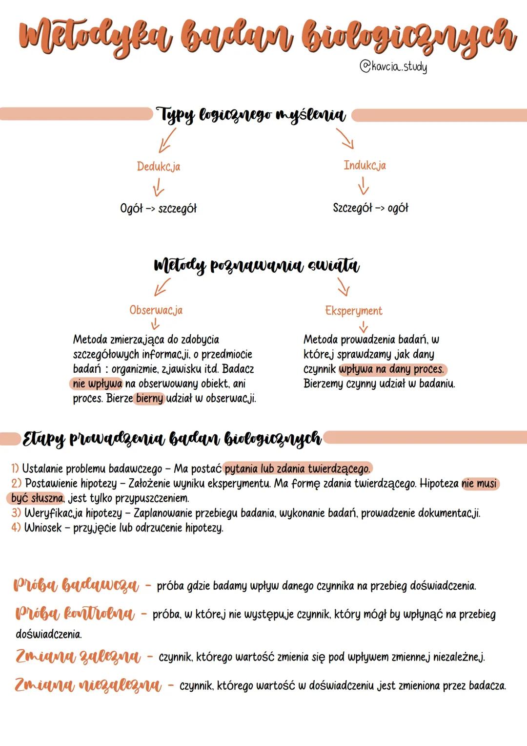 Metodyku badan biologicznych
@kavcia.study
Typy logicznego myślenia
Dedukcja
↓
Ogół -> szczegół
Metody poznawania swiata
Obserwacja
↓
Indukc