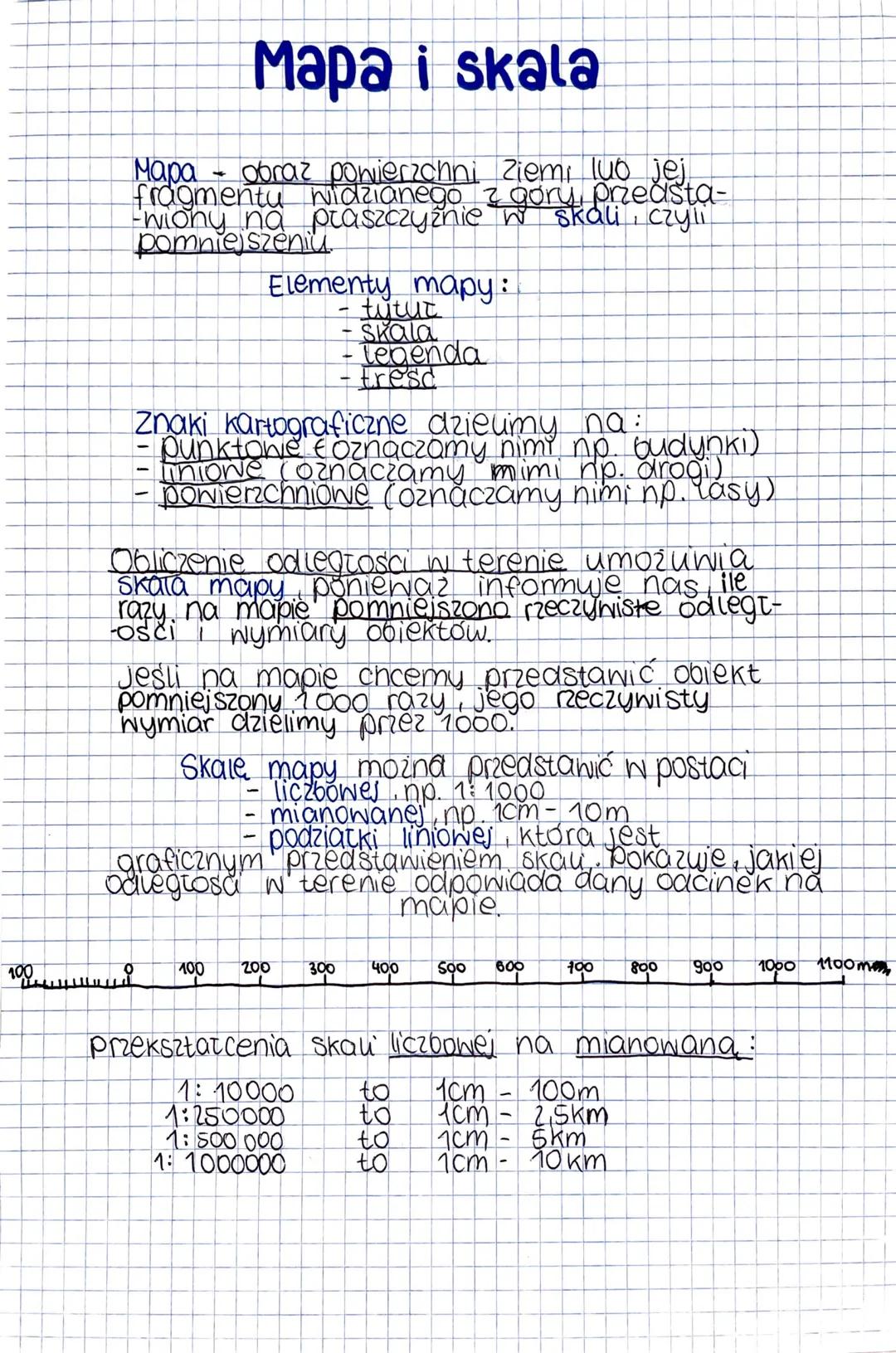 Mapa i skala
Mapa - obraz powierzchni Ziem, lub jej.
fragmentu widzianego z gory, przedsta-
-wiony na płaszczyżnie w skali, czyli
pomniejsze