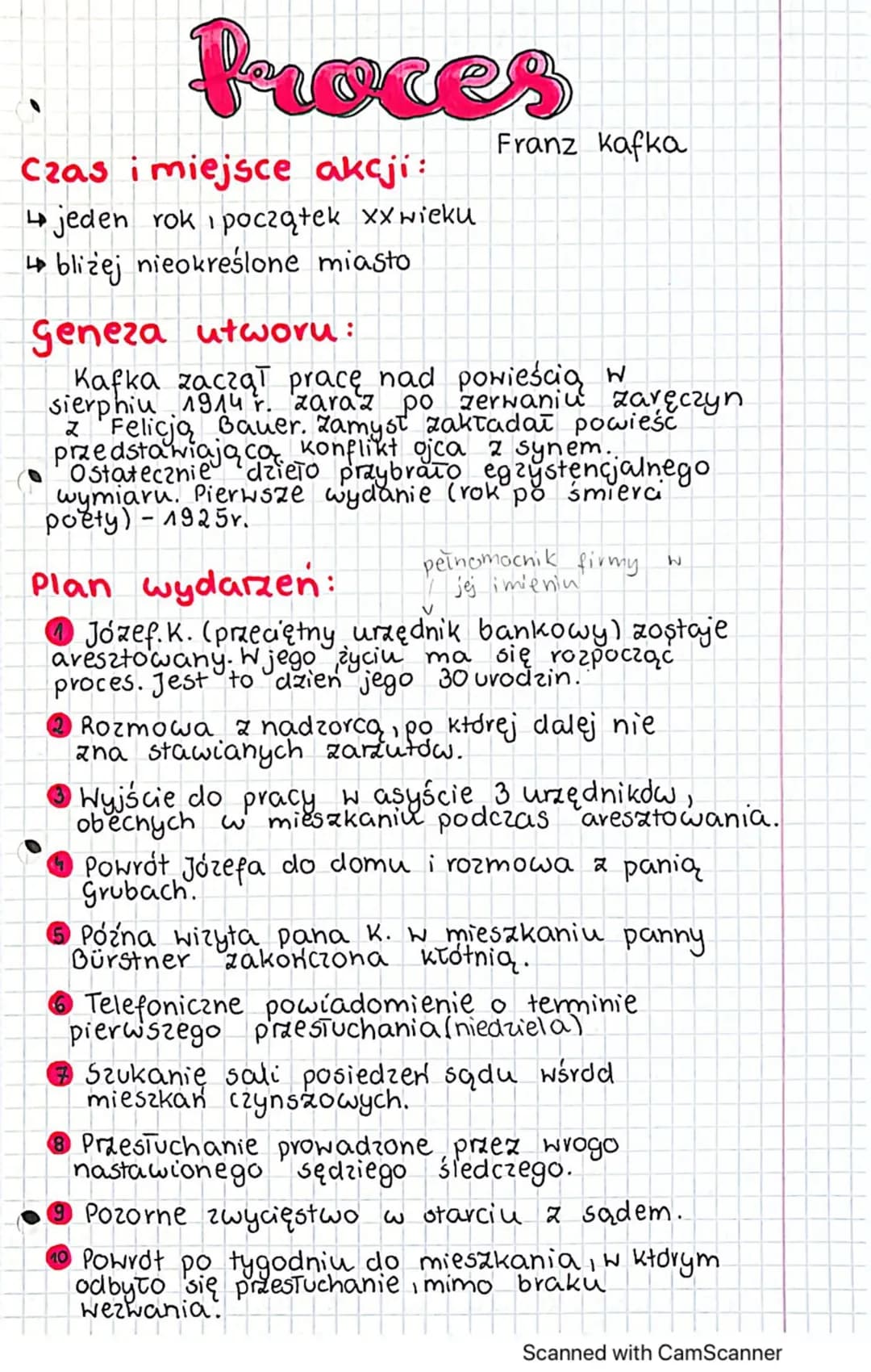 Proces
Czas i miejsce akcji:
jeden rok początek XX wieku
↳bliżej nieokreślone miasto
Franz Kafka
Geneza utworu:
Kafka zaczął pracę nad powie