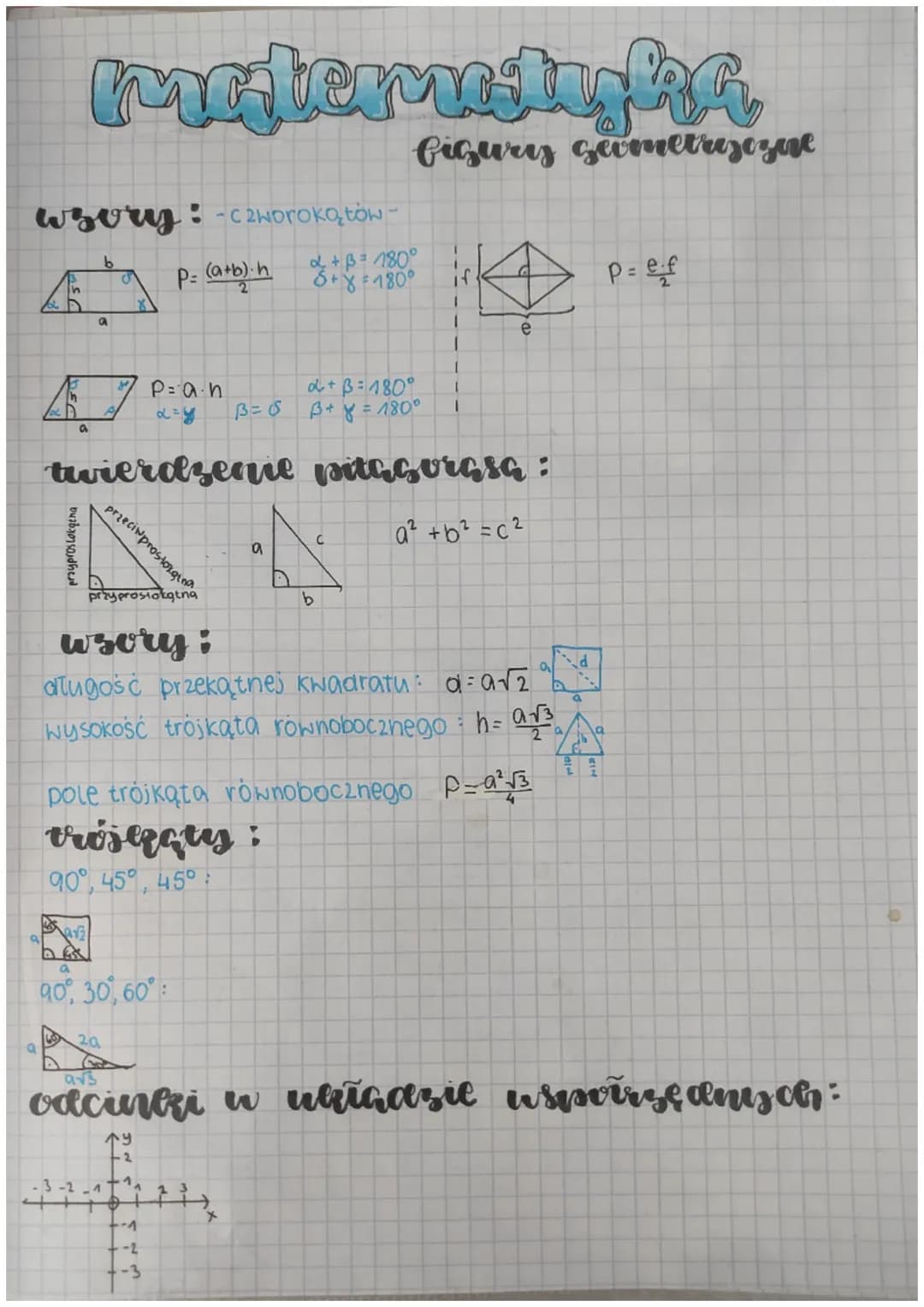 wzory: -C2worokątów -
b
2+3= 180°
5+8=180°
OLD
a
Th
matematigha
figury geometrijozuje
a
vყეáაყyძntul
a
d P= (a+b).h
X
przeciwprostorge
twier