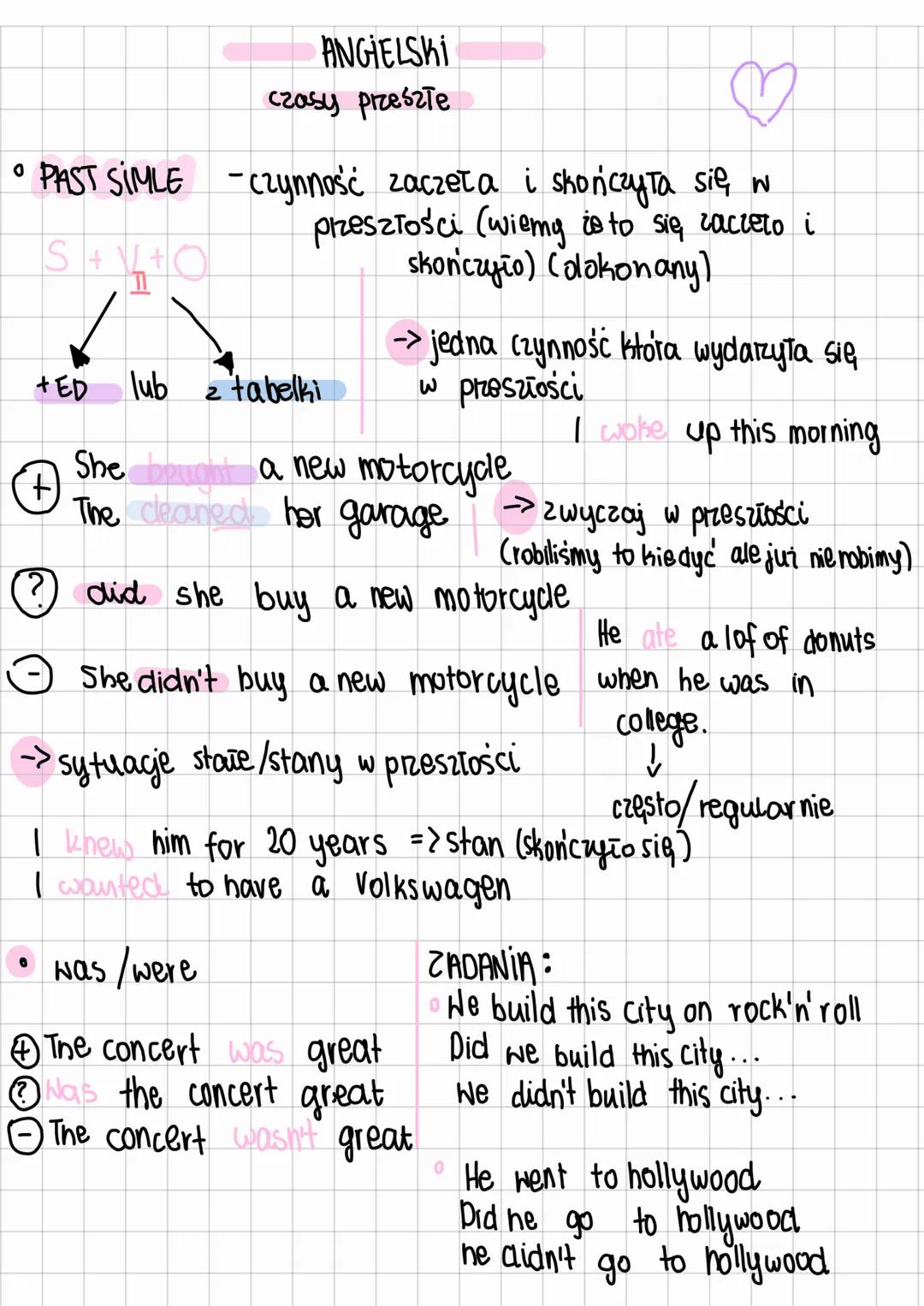 • PAST SIMLE
S + L+
+ED
+
ANGIELSKI
crasy przeszte
♡
-czynność zaczeta i skończyła się w
przeszłości (wiemy is to się caccero i
skończyło) (