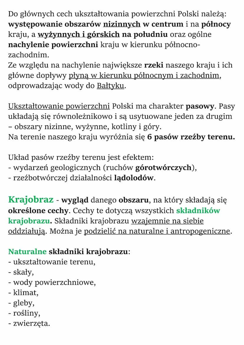 
<h2 id="cechyuksztatowaniapowierzchnipolski">Cechy ukształtowania powierzchni Polski</h2>
<p>Ukształtowanie powierzchni jest elementem środ