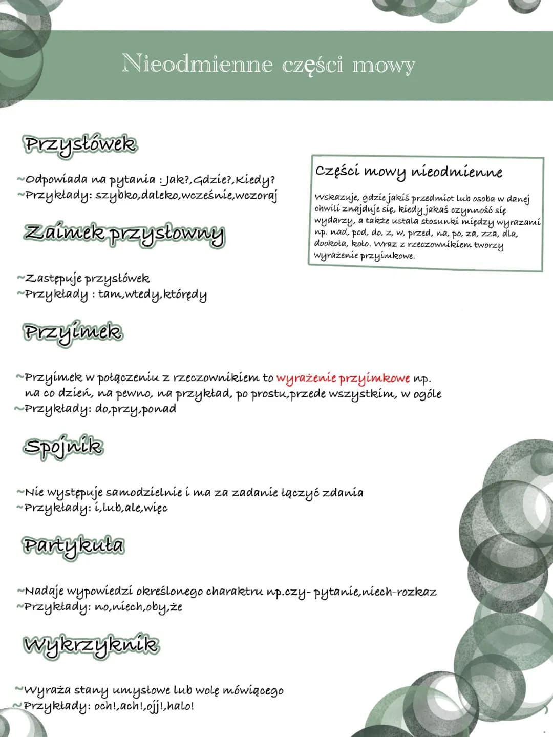 Nieodmienne części mowy
Przysłówek
~Odpowiada na pytania : Jak?,Gdzie?, Kiedy?
~Przykłady: szybko,daleko,wcześnie,wczoraj
Zaimek przysłowny
