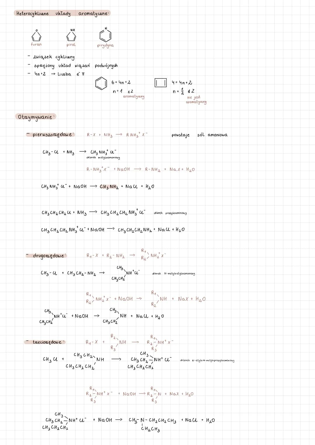 AMINY
organiczne pochodne amoniaku, w którym jeden lub kilka atomów Nodoru zastąpiono
N
/ 101²° | \\
H H H
hybrydyzacja: sp³ (≈ 109⁰)
ksztal