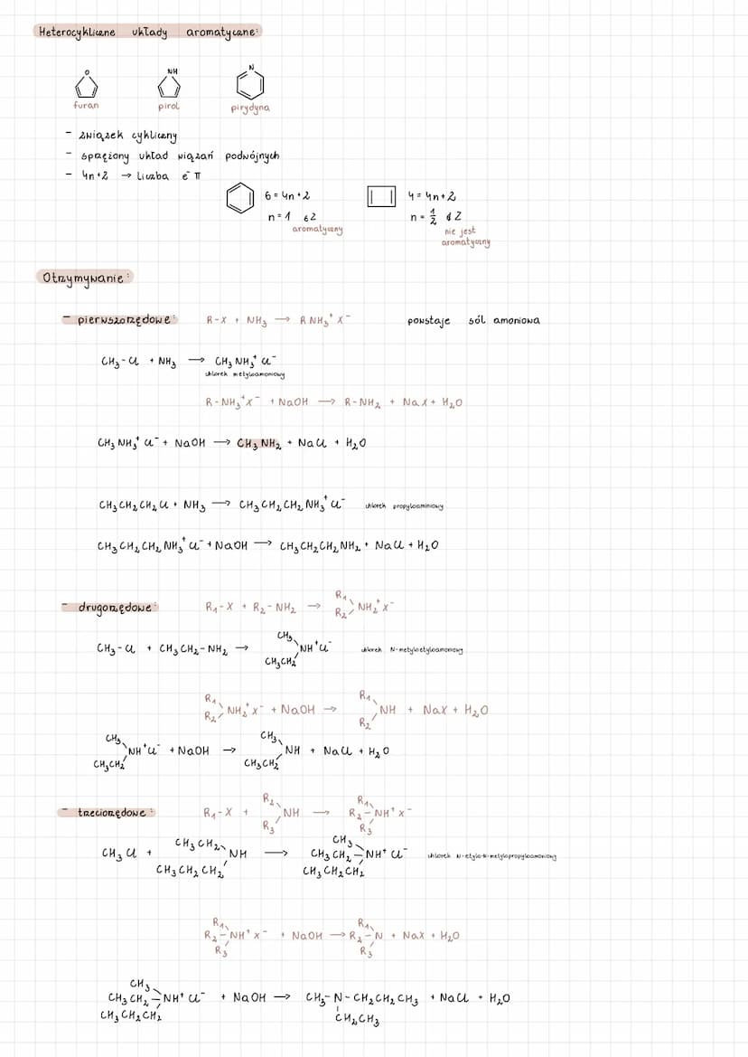 AMINY
organiczne pochodne amoniaku, w którym jeden lub kilka atomów Nodoru zastąpiono
N
/ 101²° | \\
H H H
hybrydyzacja: sp³ (≈ 109⁰)
ksztal