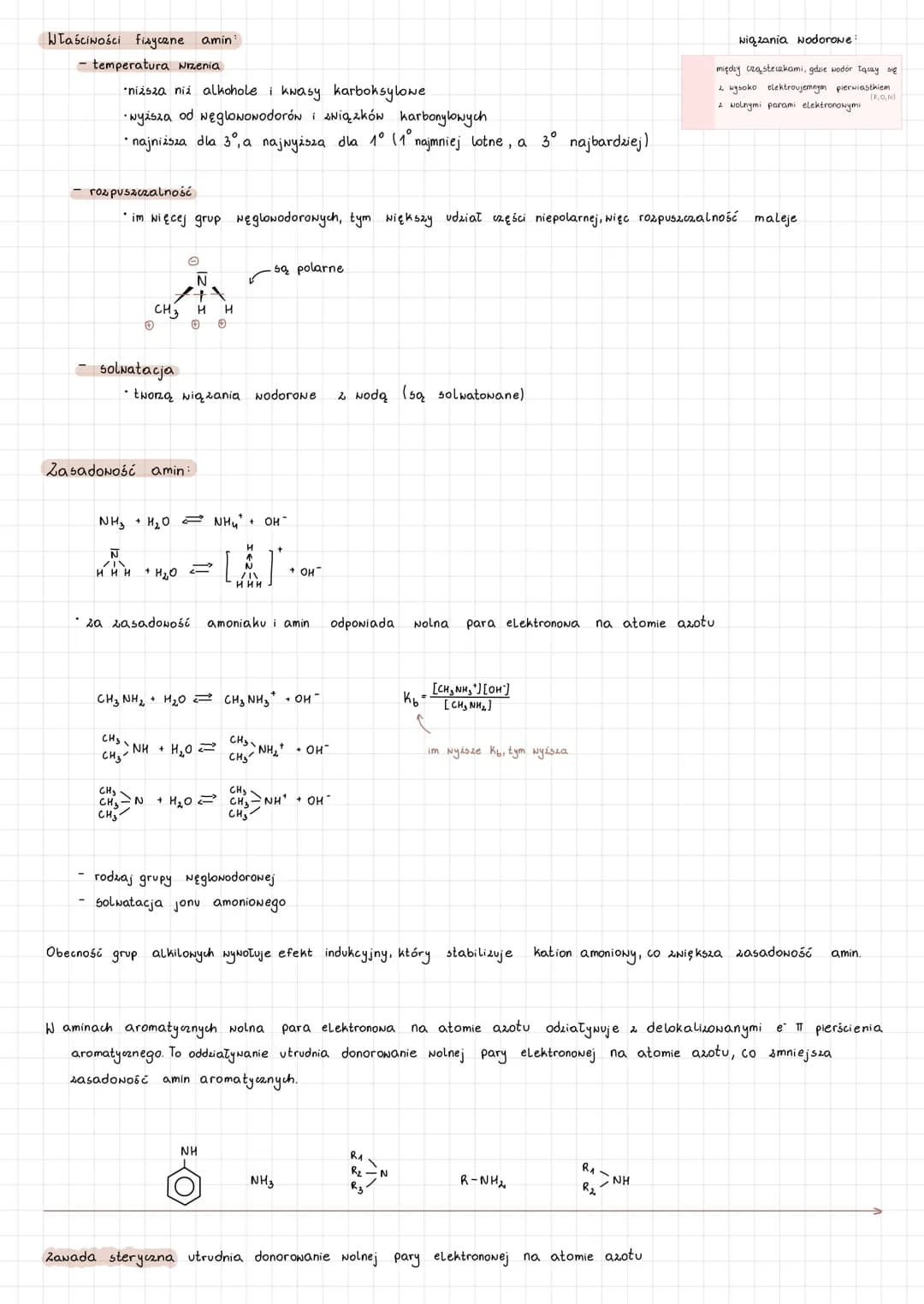 AMINY
organiczne pochodne amoniaku, w którym jeden lub kilka atomów Nodoru zastąpiono
N
/ 101²° | \\
H H H
hybrydyzacja: sp³ (≈ 109⁰)
ksztal