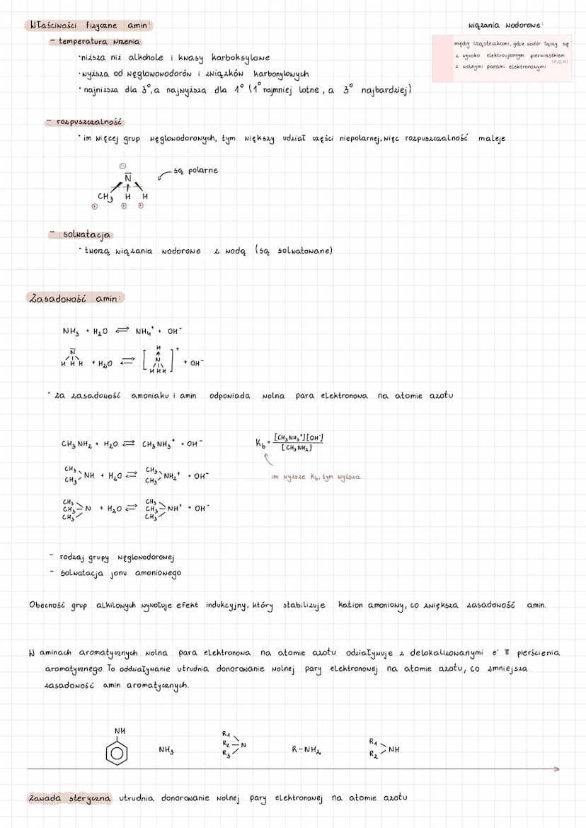 AMINY
organiczne pochodne amoniaku, w którym jeden lub kilka atomów Nodoru zastąpiono
N
/ 101²° | \\
H H H
hybrydyzacja: sp³ (≈ 109⁰)
ksztal