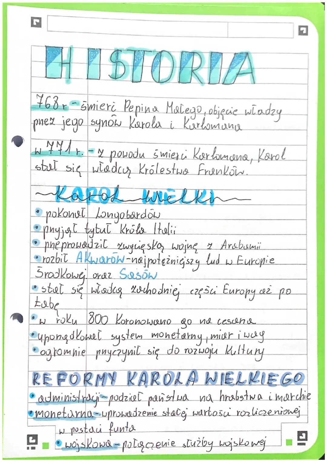 HISTORIA
768r -5mieri Pepina Malego, objęcie władzy
pnez jego synow Karola i Kurlomana
W
w 771 r. -y powodu śmierci Karlomana, Karol
stał si