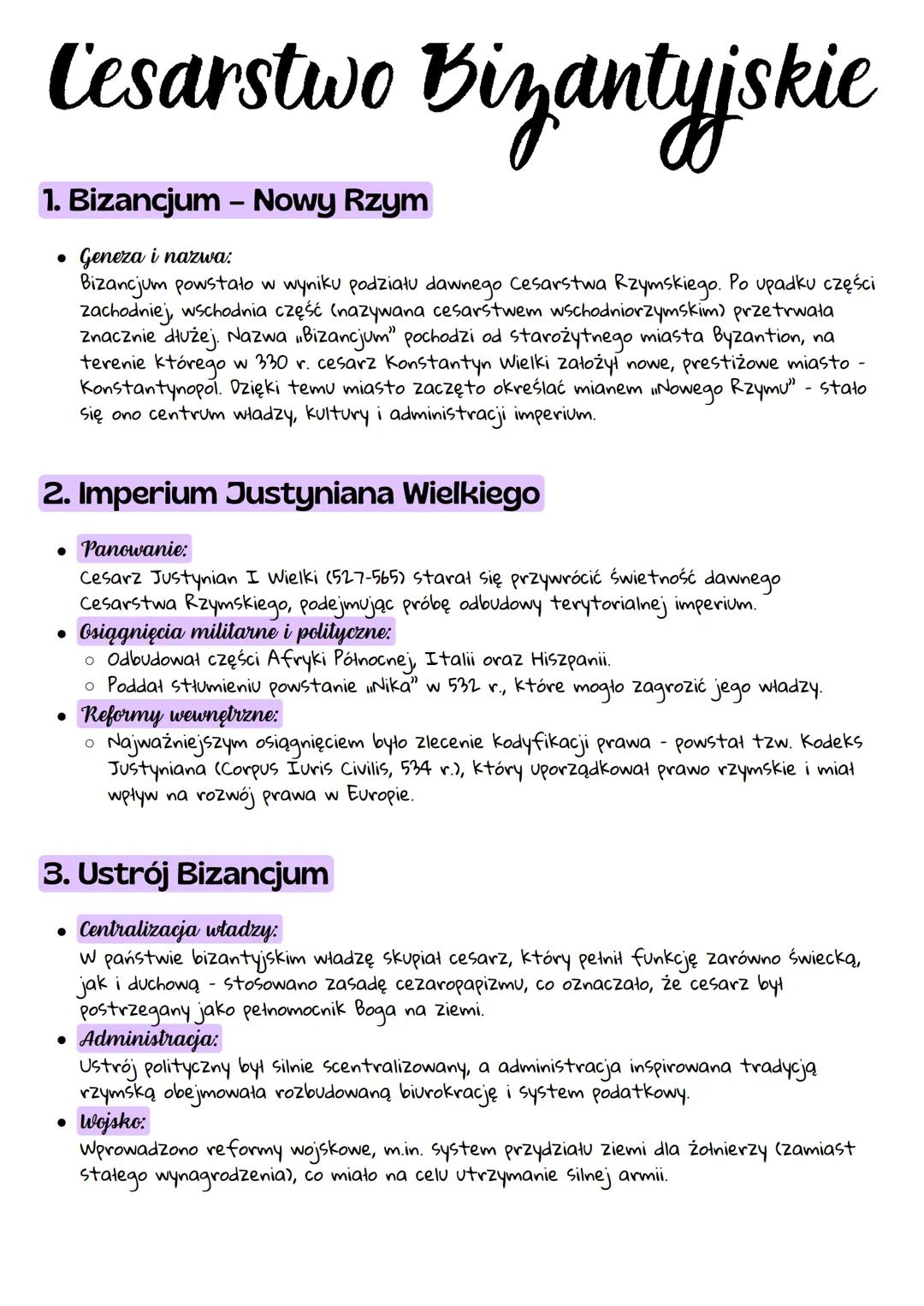 # Cesarstwo Bizantyjskie

1. Bizancjum – Nowy Rzym

*   Geneza i nazwa:

Bizancjum powstało w wyniku podziału dawnego Cesarstwa Rzymskiego. 