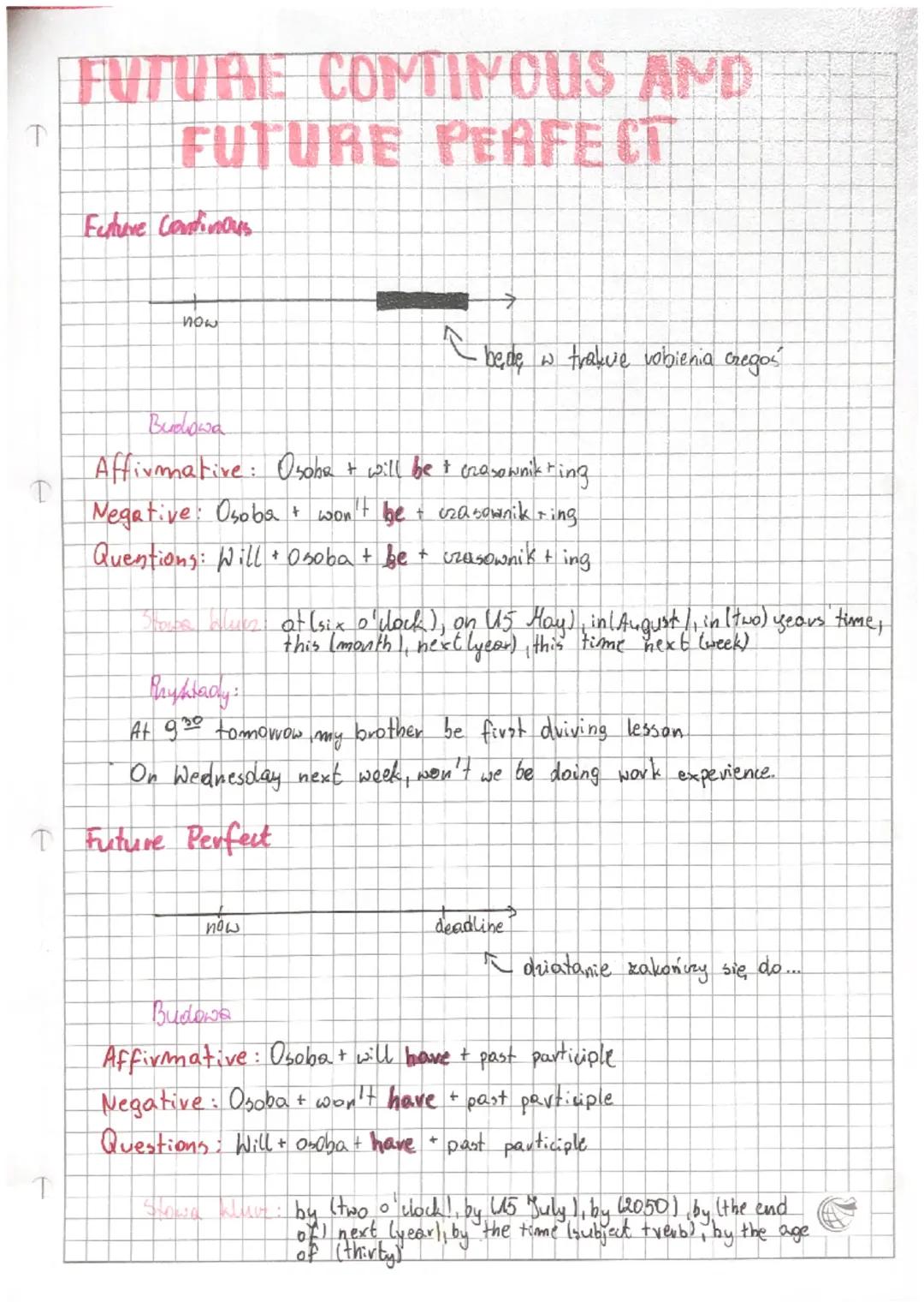 T
T
FUTURE COMTINOUS AND
FUTURE PERFE CT
Future Continous
now
Budowa
Affirmative: Osobe + will be + crasownik ting
Negative: Osoba +
won't b