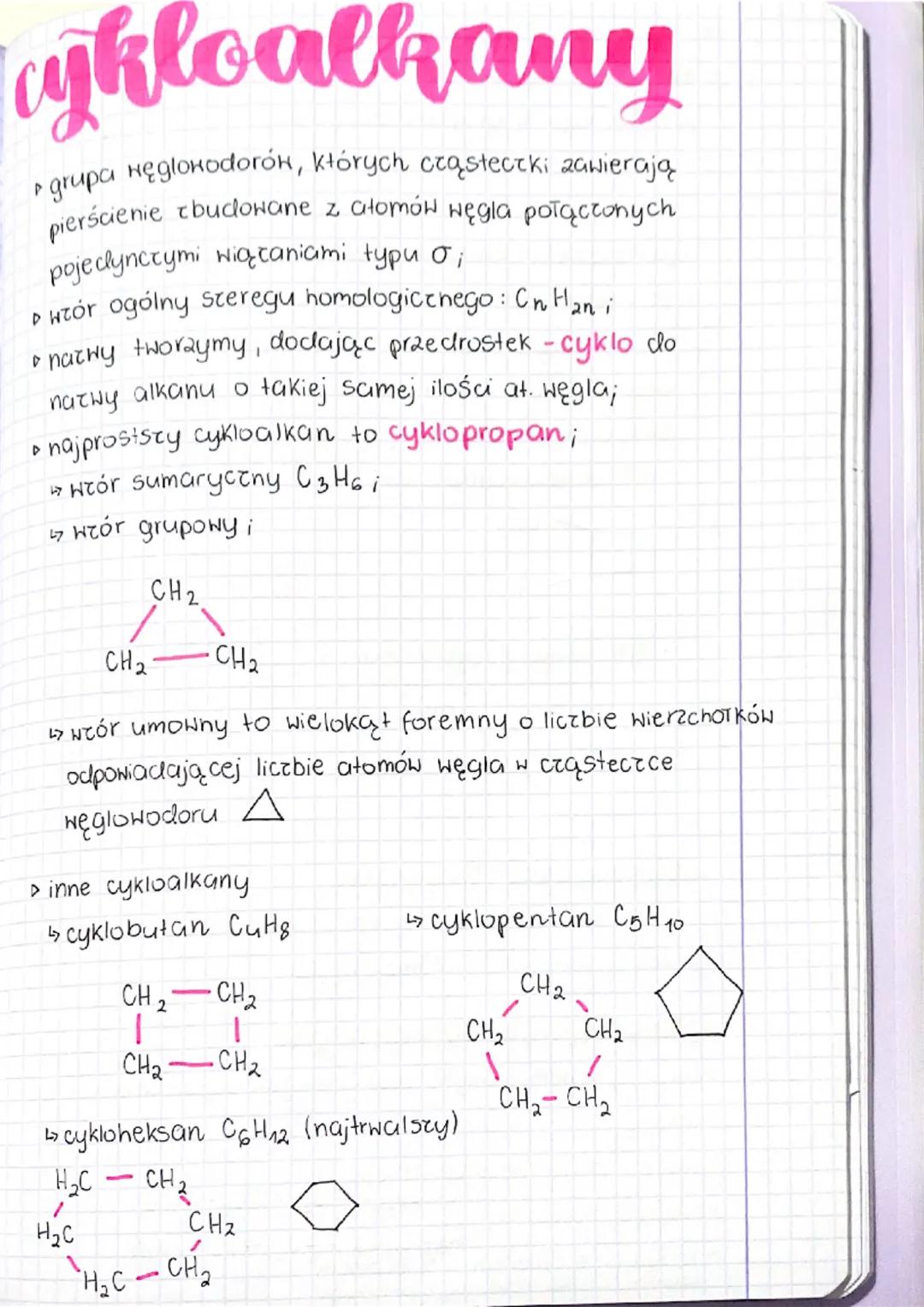 cykloalkany
► grupa węglowodorók, których cząsteczki zawierają
pierścienie zbudowane z atomów węgla połączonych
pojedynczymi wiącaniami typu