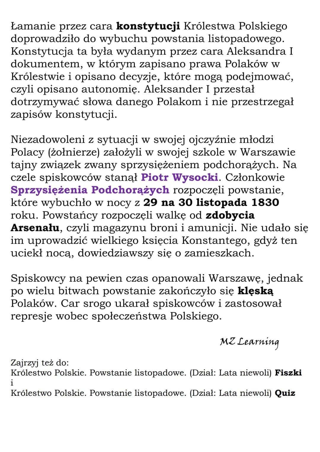 Królestwo Polskie.
Powstanie listopadowe.
(Dział: Lata niewoli)
Królestwo Polskie powstałe w 1815 roku na podstawie
postanowień kongresu wie