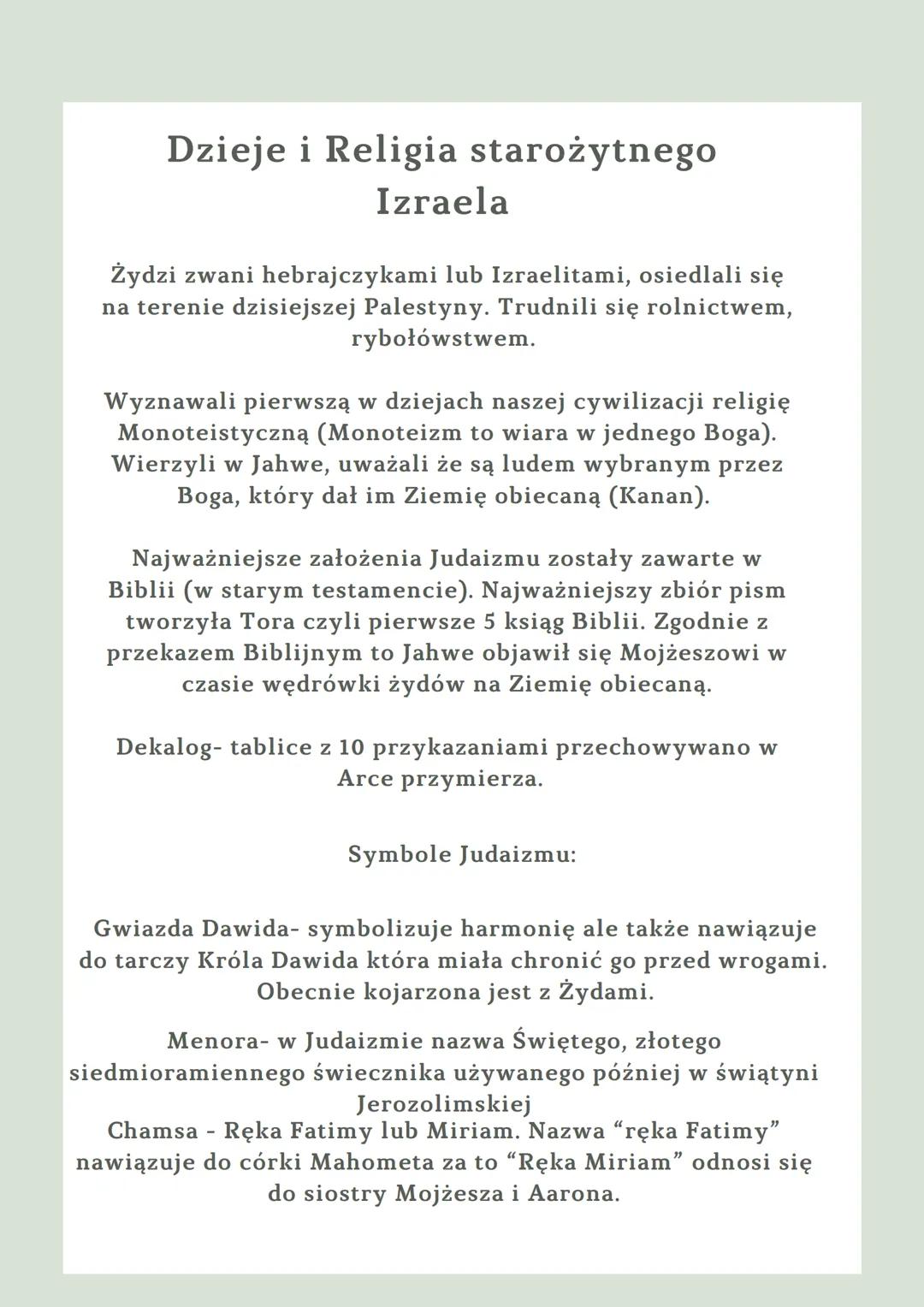 Dzieje i Religia starożytnego
Izraela
Żydzi zwani hebrajczykami lub Izraelitami, osiedlali się
na terenie dzisiejszej Palestyny. Trudnili si