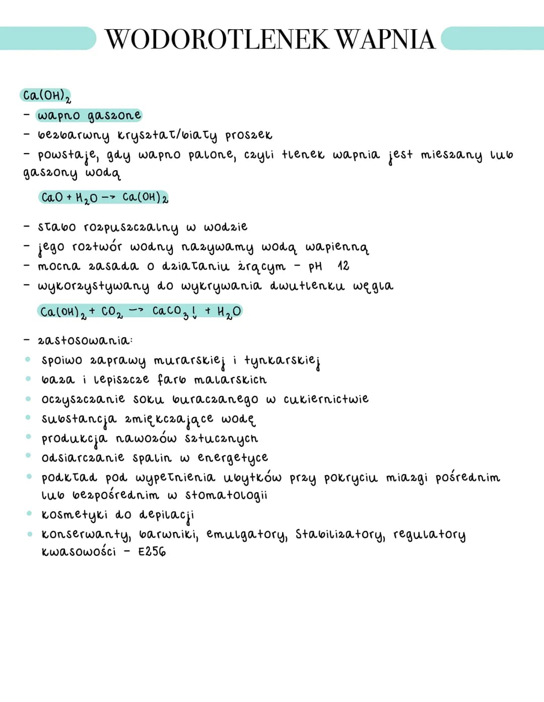 Ca(OH) ₂
-
-
bezbarwny krysztat/biały proszek
powstaje, gdy wapno palone, czyli tlenek wapnia jest mieszany lub
gaszony wodą
CaO + H₂O Ca(OH