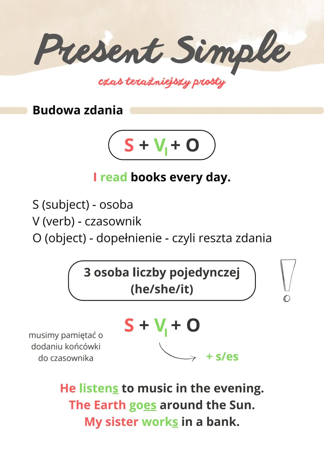 Present Simple
czas teraźniejszy prosty
Budowa zdania
S + V₁ + O
I read books every day.
S (subject) - osoba
V (verb) - czasownik
O (object)