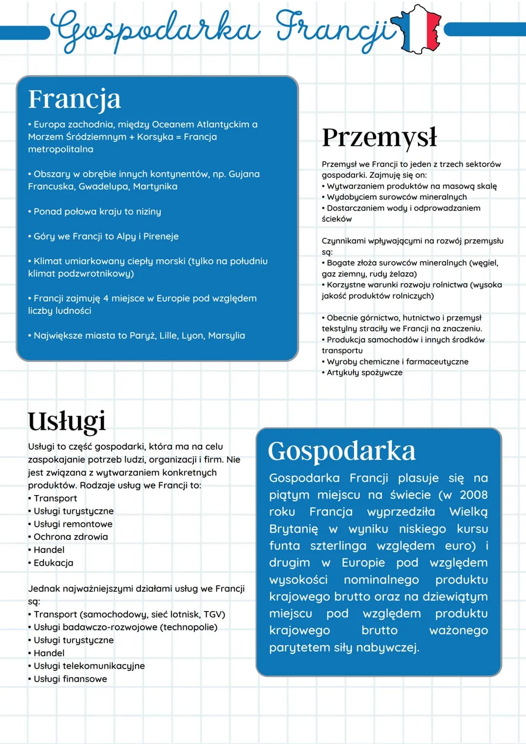 Gospodarka Francji
Francja
• Europa zachodnia, między Oceanem Atlantyckim a
Morzem Śródziemnym + Korsyka = Francja
metropolitalna
• Obszary 