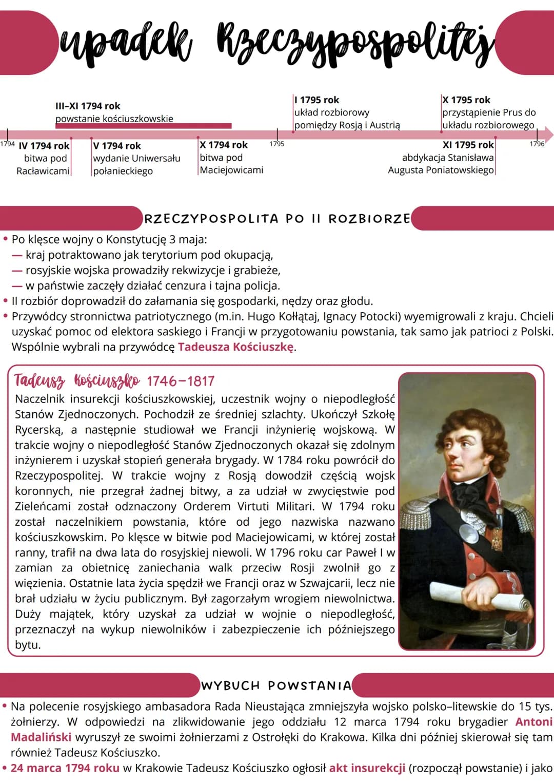 --- OCR Start ---
upadek Rzeczypospolitej
III-XI 1794 rok
powstanie kościuszkowskie
1794 IV 1794 rok
bitwa pod
V 1794 rok
X 1794 rok
1795
wy