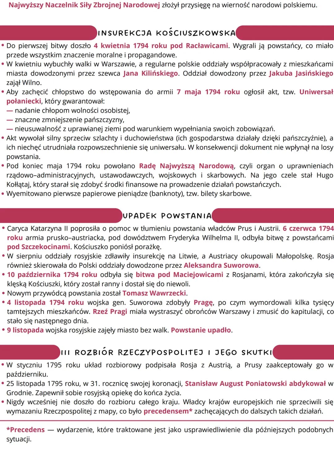 --- OCR Start ---
upadek Rzeczypospolitej
III-XI 1794 rok
powstanie kościuszkowskie
1794 IV 1794 rok
bitwa pod
V 1794 rok
X 1794 rok
1795
wy