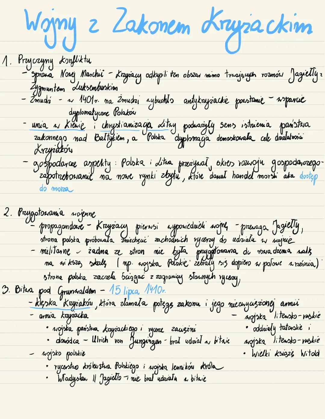 Wojny z Zakonem Krzyżackin
1. Przyczyny Konfliktu
-Sprana Nory Marchii - Krzyżacy odkupili ten obszar mimo trwających rozmów Jagiellyz
Zygmu