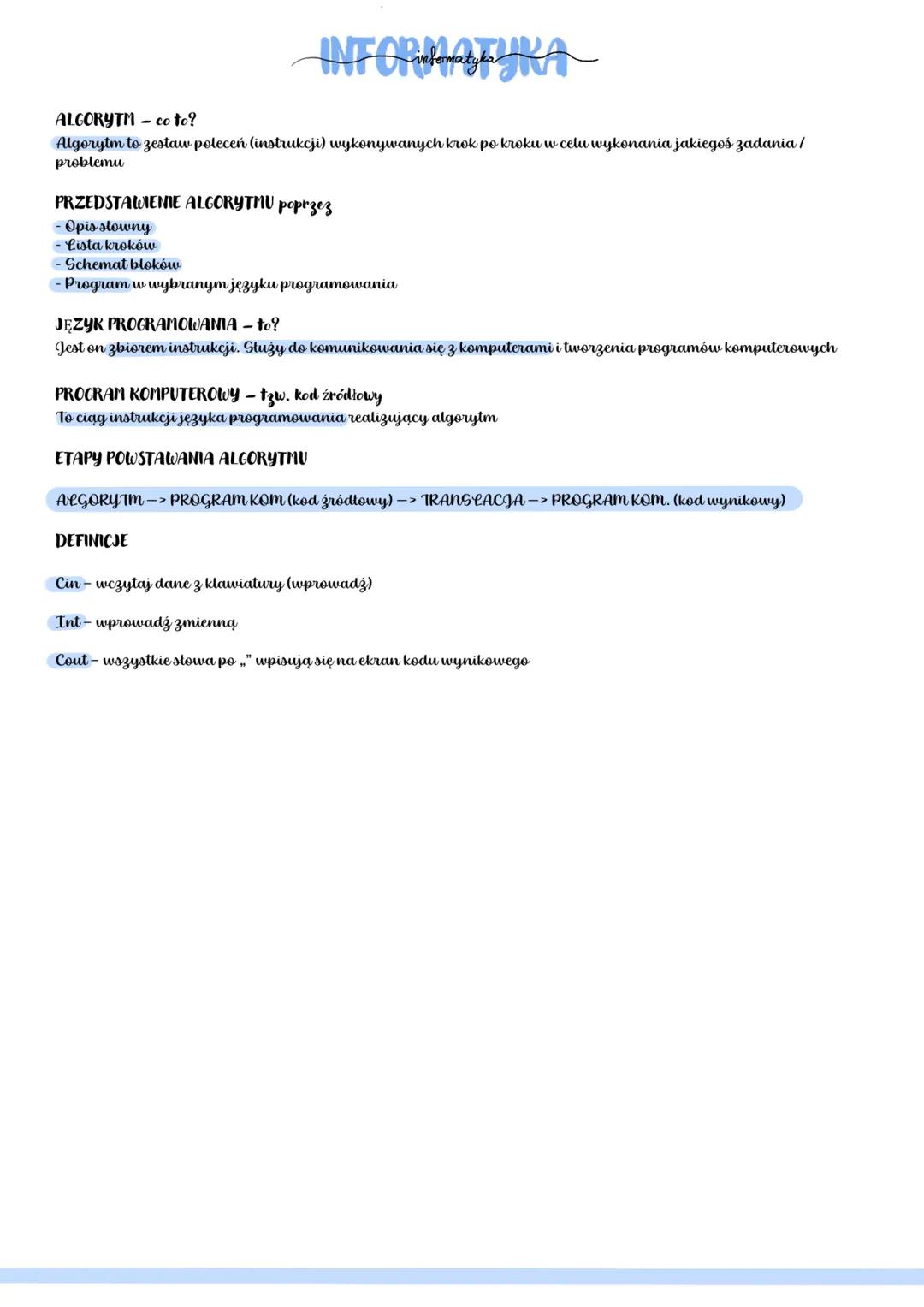 INFOPYRA
infor
ALGORYTM- co to?
Algorytm to zestaw poleceń (instrukcji) wykonywanych krok po kroku w celu wykonania jakiegoś zadania/
proble