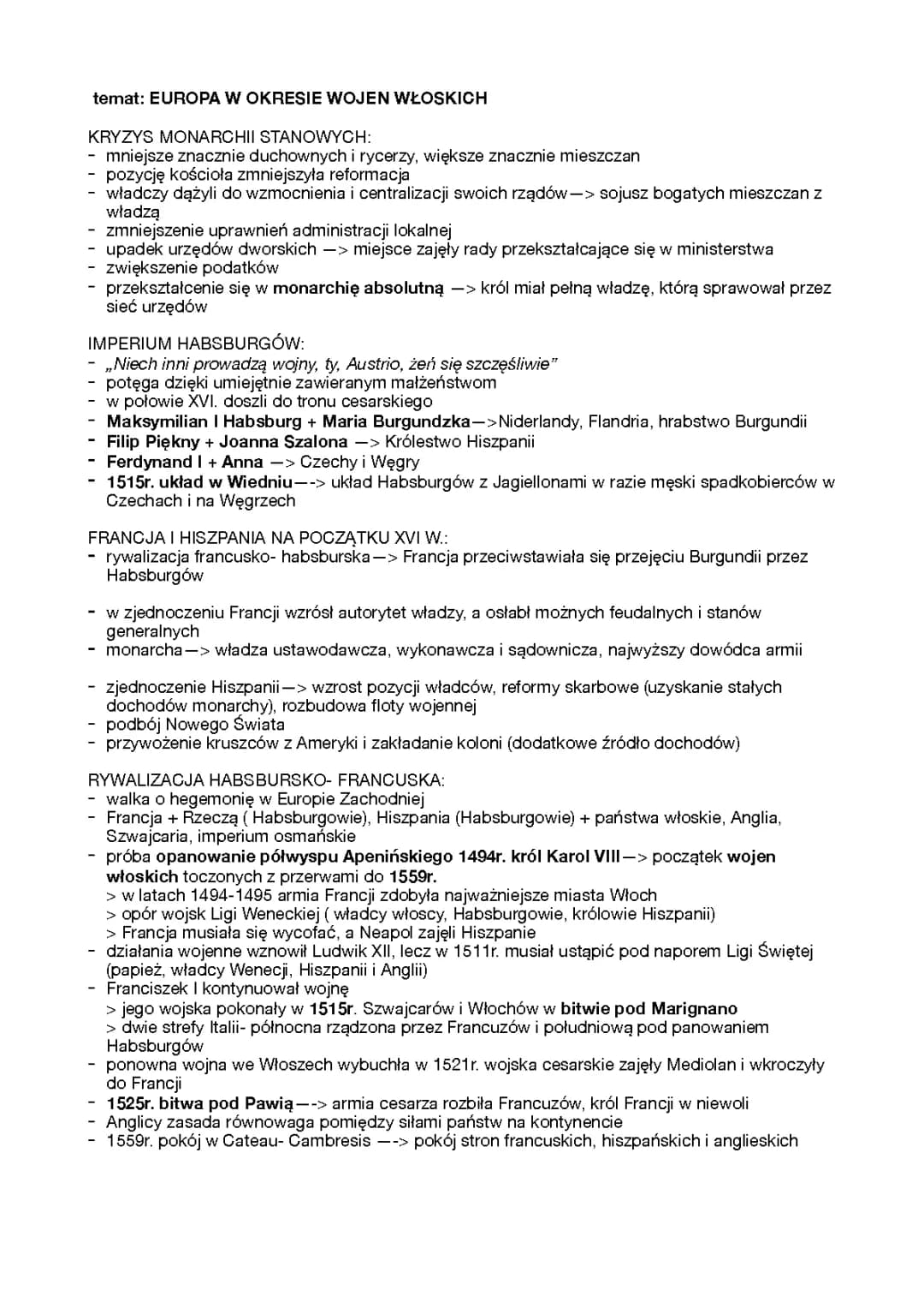 Historia Europy: Monarchia Stanowa, Wojny Włoskie i Habsburgowie