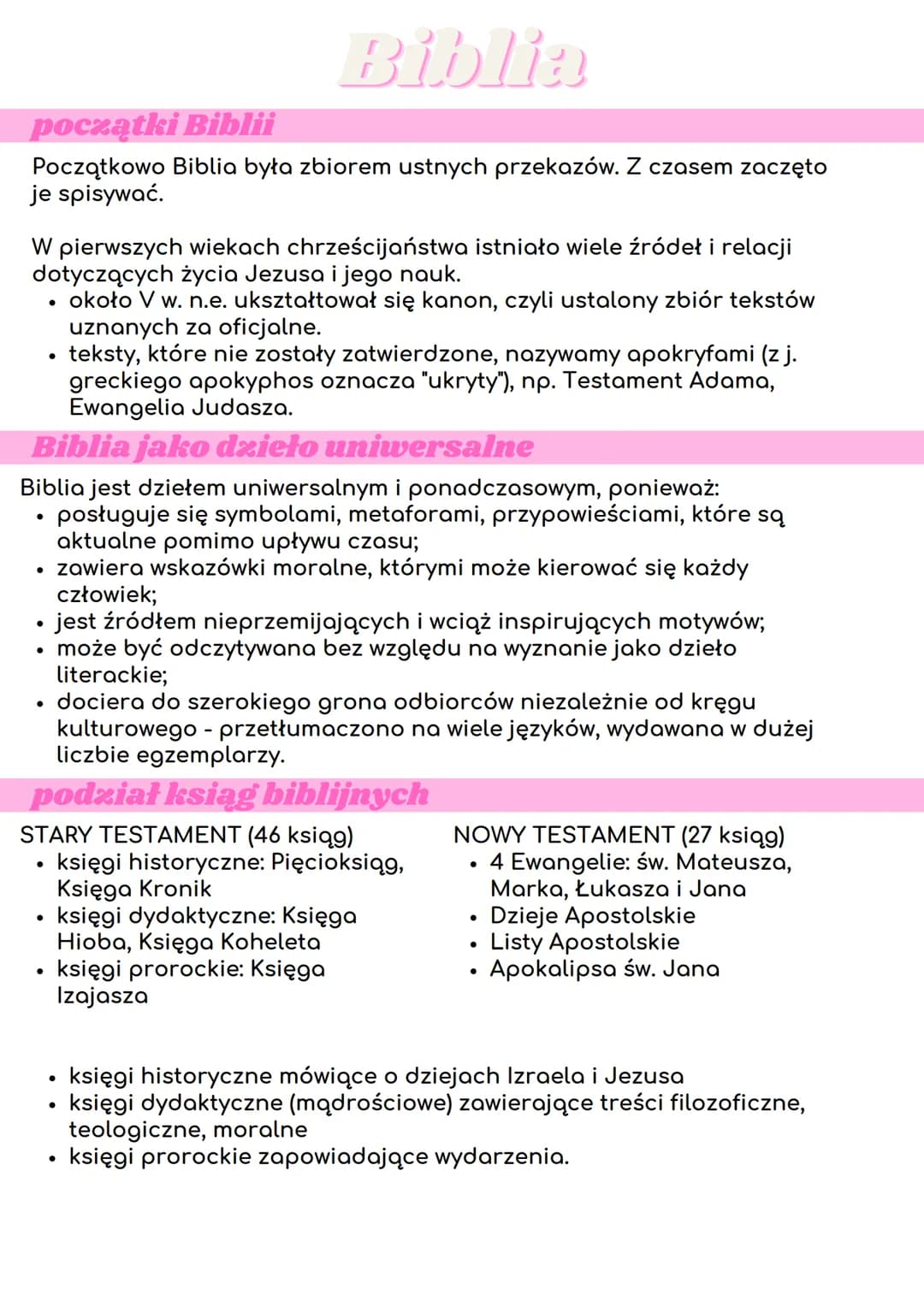 Biblia
początki Biblii
Początkowo Biblia była zbiorem ustnych przekazów. Z czasem zaczęto
je spisywać.
W pierwszych wiekach chrześcijaństwa 