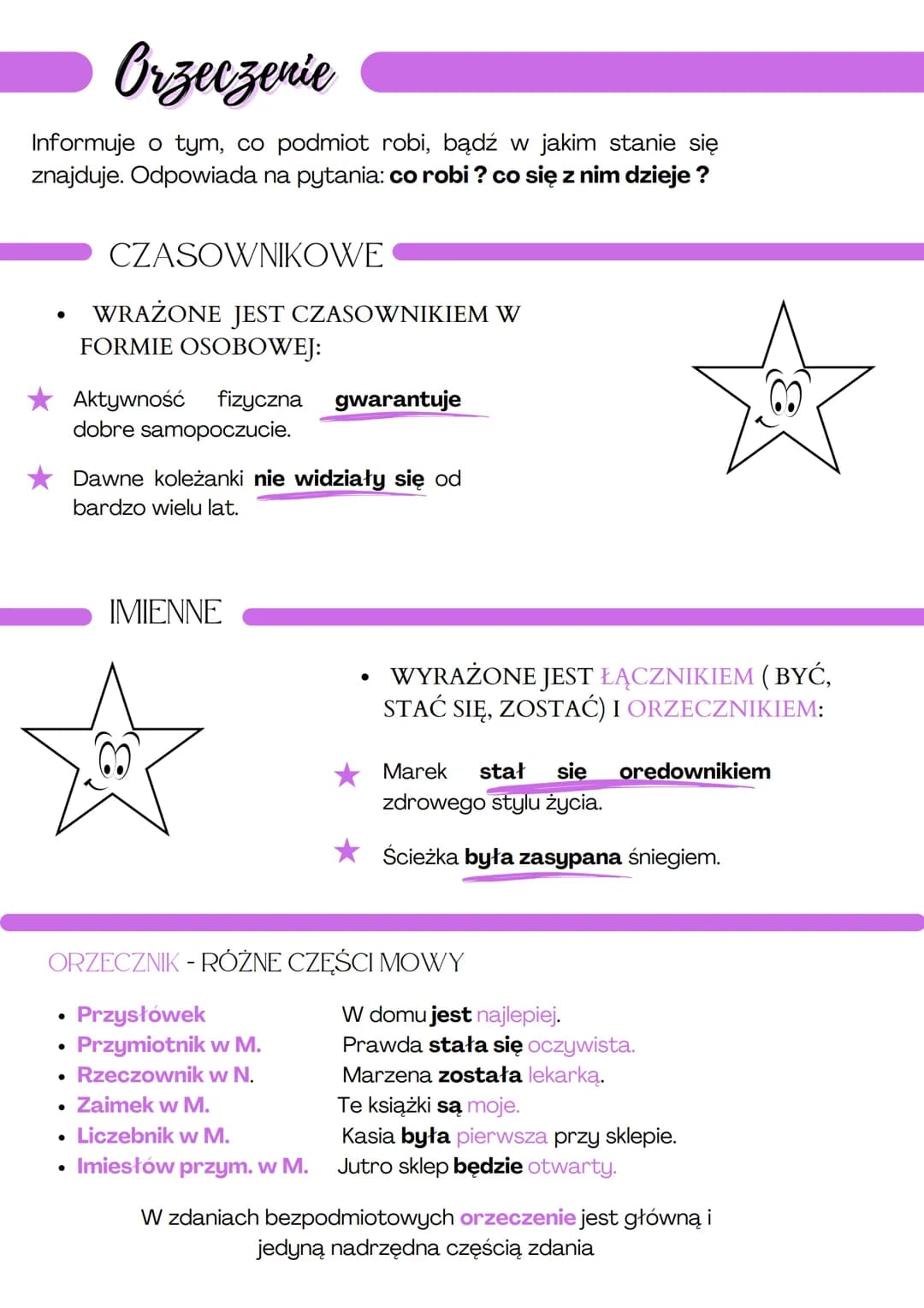 Orzeczenie
Informuje o tym, co podmiot robi, bądź w jakim stanie się
znajduje. Odpowiada na pytania: co robi? co się z nim dzieje?
CZASOWNIK