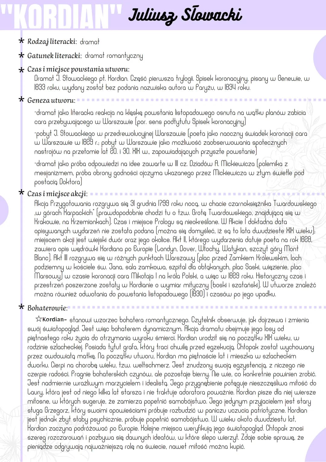 KORDIAN" Juliusz Słowacki
Rodzaj literacki: dramat
*Gatunek literacki: dramat romantyczny
Czas i miejsce powstania utworu:
Dramat J. Słowack