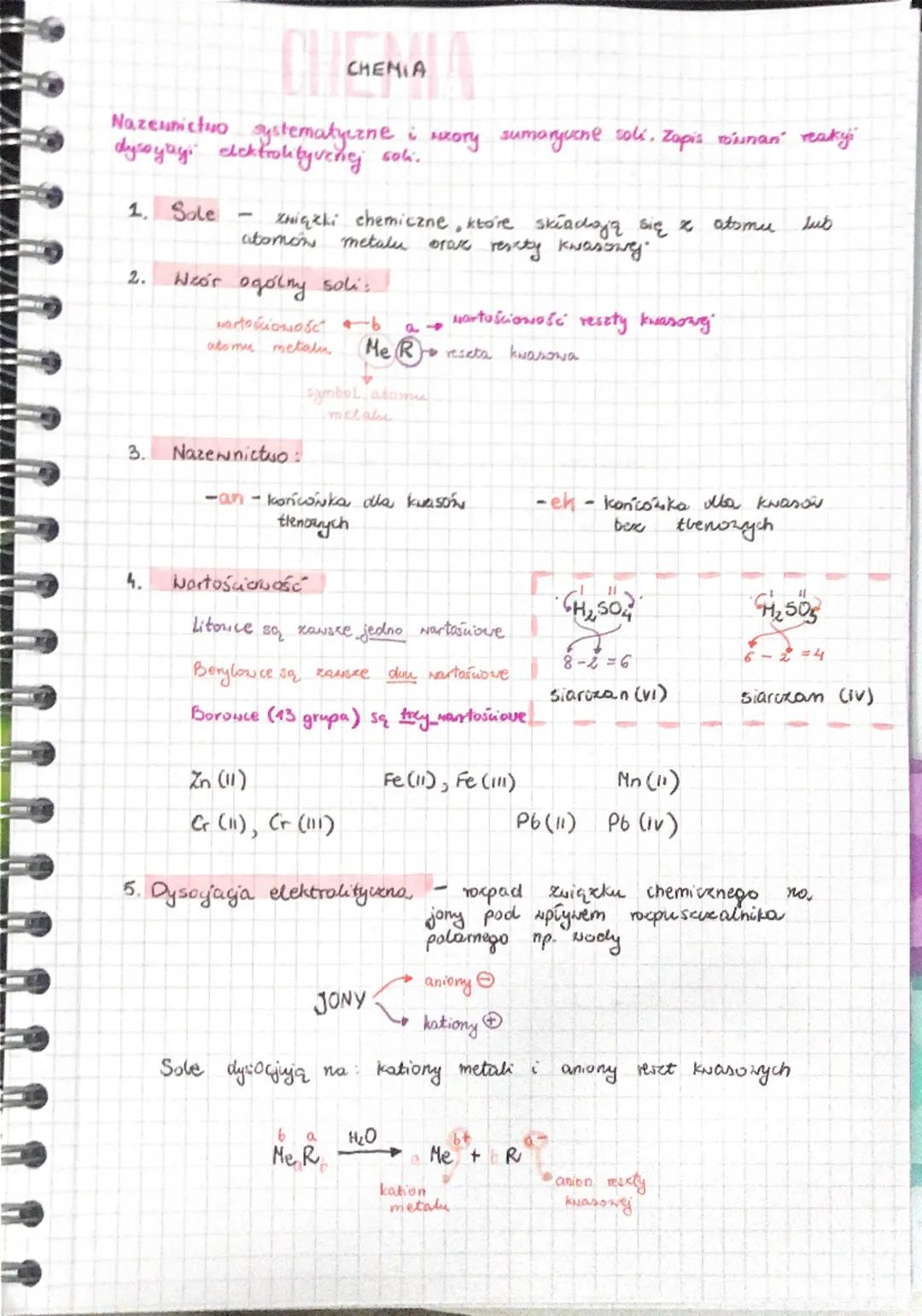 CHEMIA
Nazewnictwo systematyczne i uzory sumaryczne soli. Zapis munan reaky
dysoyayi elektrolityveriej soli.
1. Sole
-
2.
związki chemiczne,