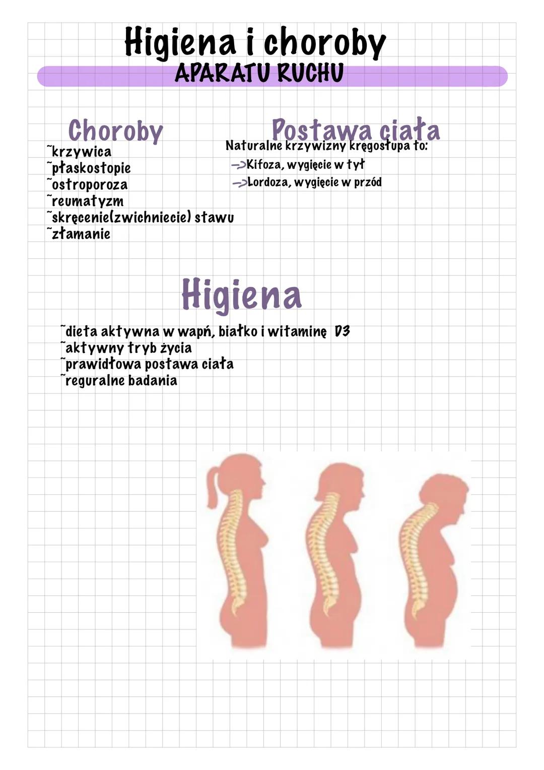 Higiena i choroby
APARATU RUCHU
Choroby
krzywica
płaskostopie
ostroporoza
reumatyzm
skręcenielzwichniecie)
złamanie
Postawa ciała
Naturalne 