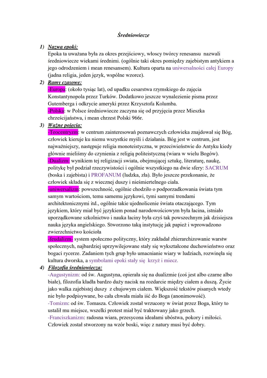 Średniowiecze
1) Nazwa epoki:
Epoka ta uważana była za okres przejściowy, włoscy twórcy renesansu nazwali
średniowiecze wiekami średnimi. (o