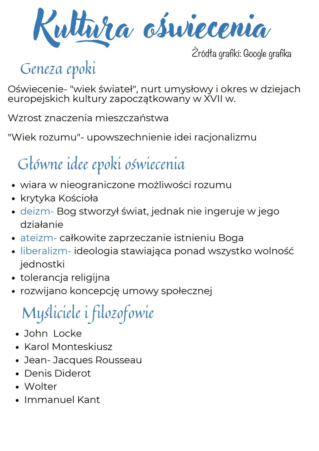 Kultura oświecenia
Źródła grafiki: Google grafika
Geneza epoki
Oświecenie- "wiek świateł", nurt umysłowy i okres w dziejach
europejskich kul