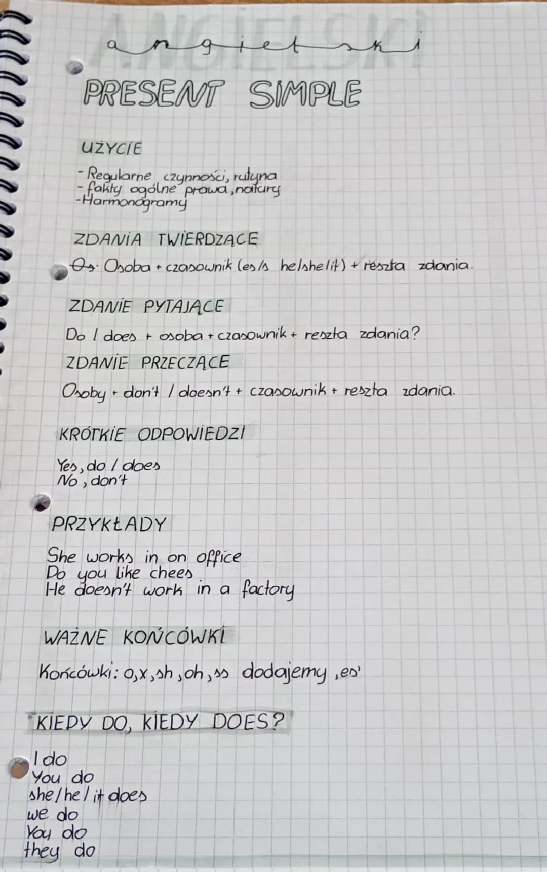 angielsk
д
tet
PRESENT SIMPLE
UZYCIE
-Regularne czynności, rutyna
fakty ogólne prawa, natury
-Harmonogramy
ZDANIA TWIERDZĄCE
Os Osoba + czas