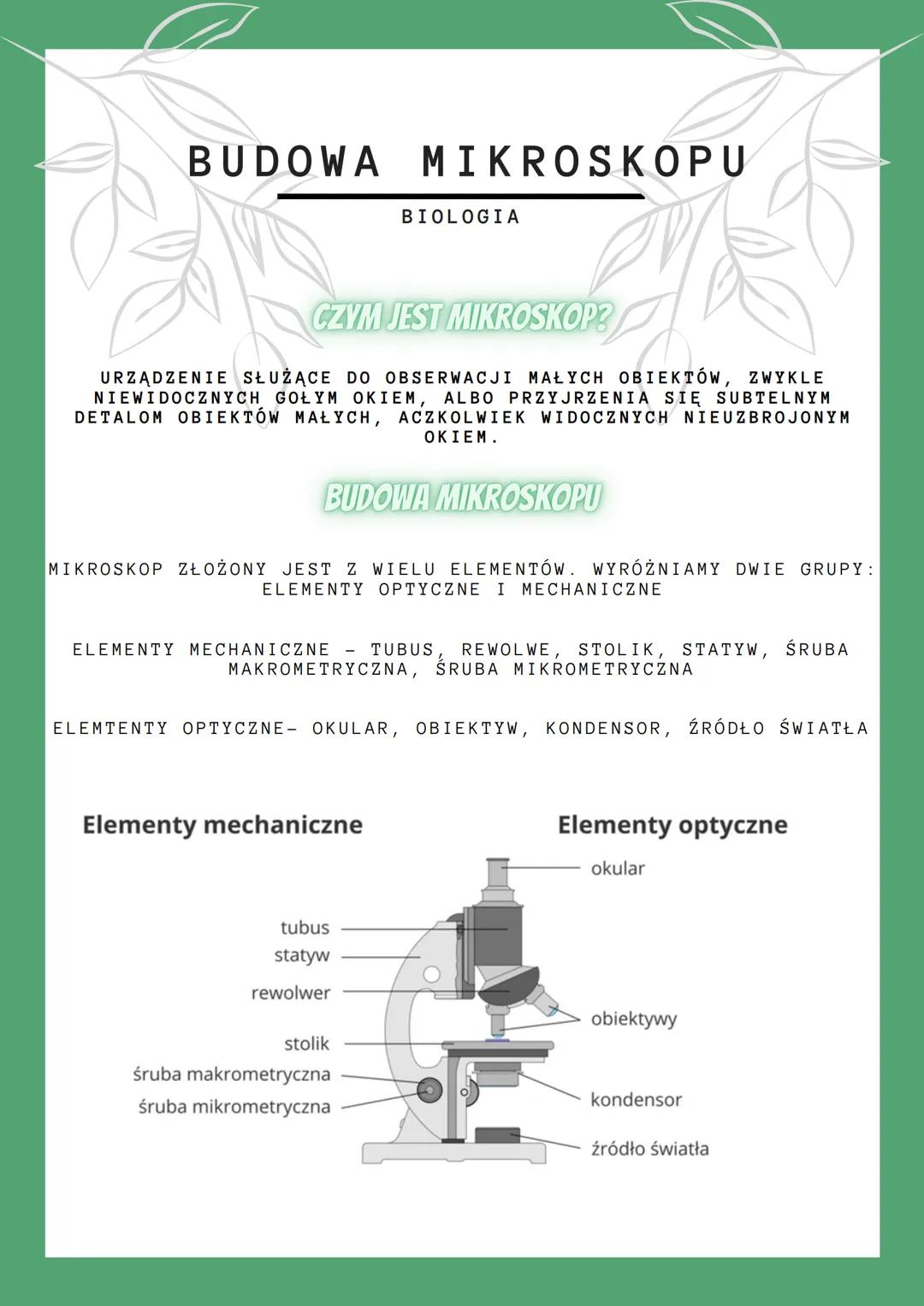 BUDOWA MIKROSKOPU
CZYM JEST MIKROSKOP?
URZĄDZENIE SŁUŻĄCE DO OBSERWACJI MAŁYCH OBIEKTÓW, ZWYKLE
NIEWIDOCZNYCH GOŁYM OKIEM, ALBO PRZYJRZENIA 