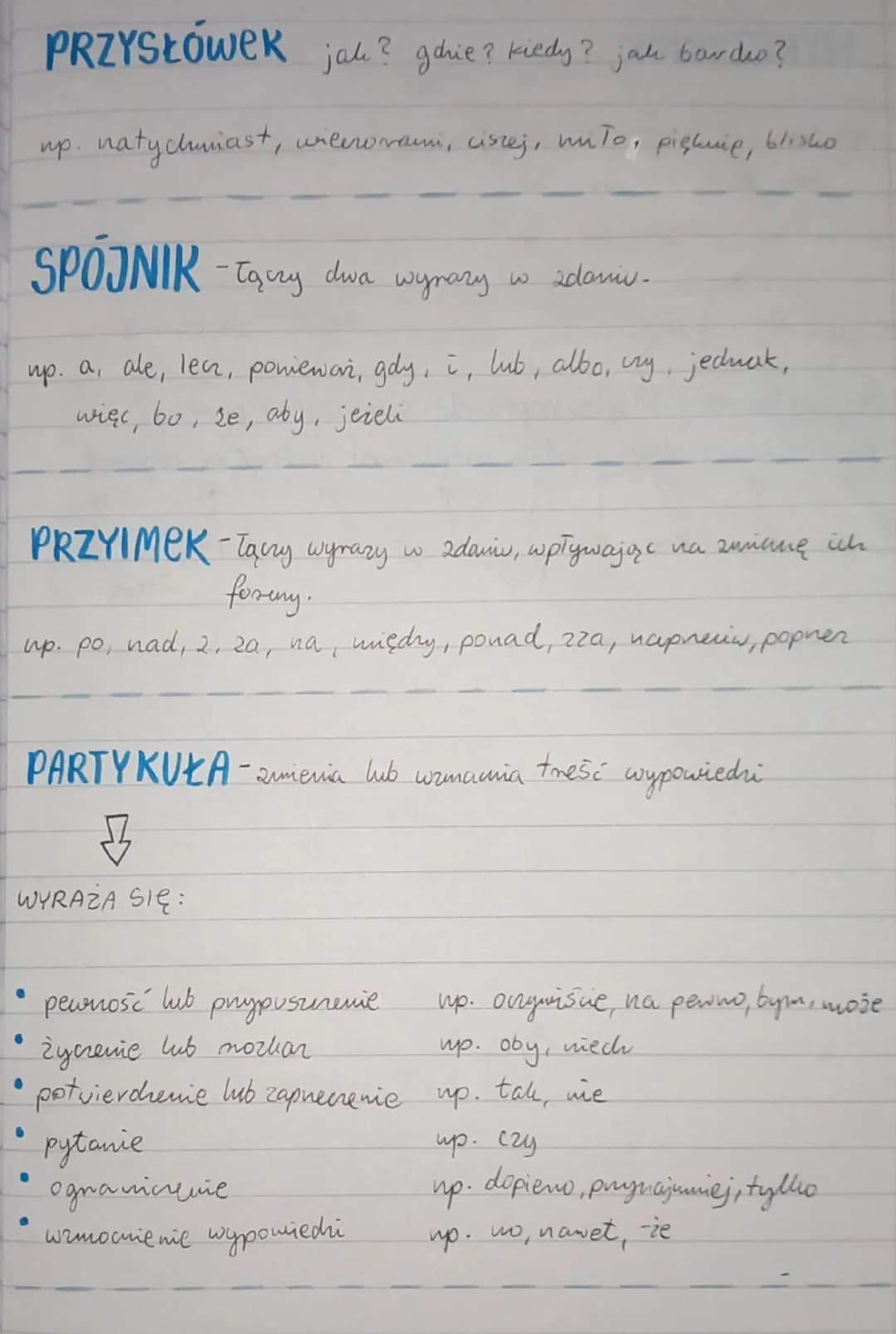 --- OCR Start ---
odmiene
CZĘŚCI MOWY
• czasownik necrownik
• prymiotnik liczebnik
• Zaimek
nieodmienne
• prystówek pryimeh
• partyuiła wylu