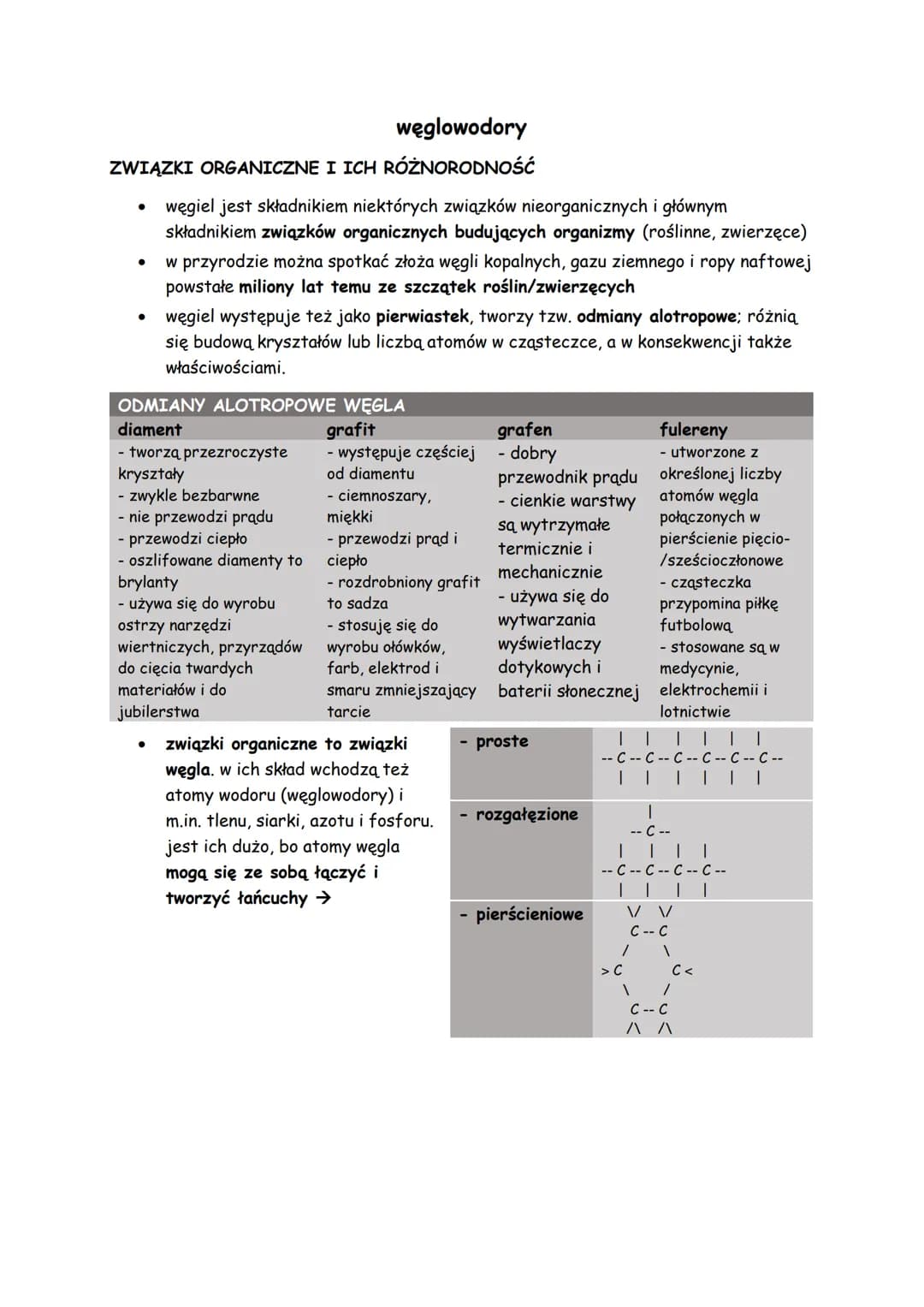 węglowodory
ZWIĄZKI ORGANICZNE I ICH RÓŻNORODNOŚĆ
●
●
●
węgiel jest składnikiem niektórych związków nieorganicznych i głównym
składnikiem zw