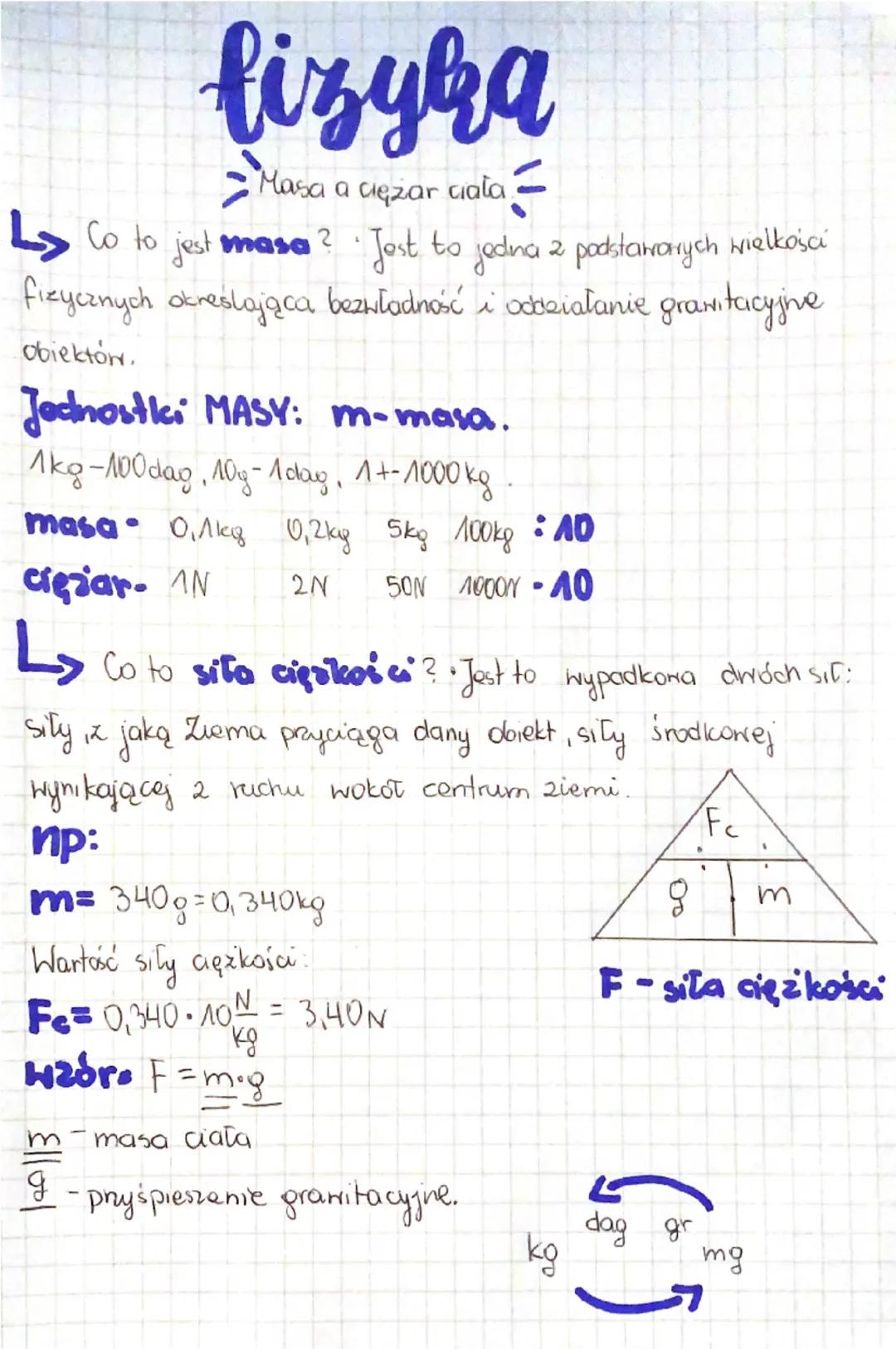 fizyka
Masa
a Clęzar ciała
↳ Co to jest masa? · Jest to jedna z podstawarrych wielkości
fizycznych określająca bezwładność i oddziałanie gra