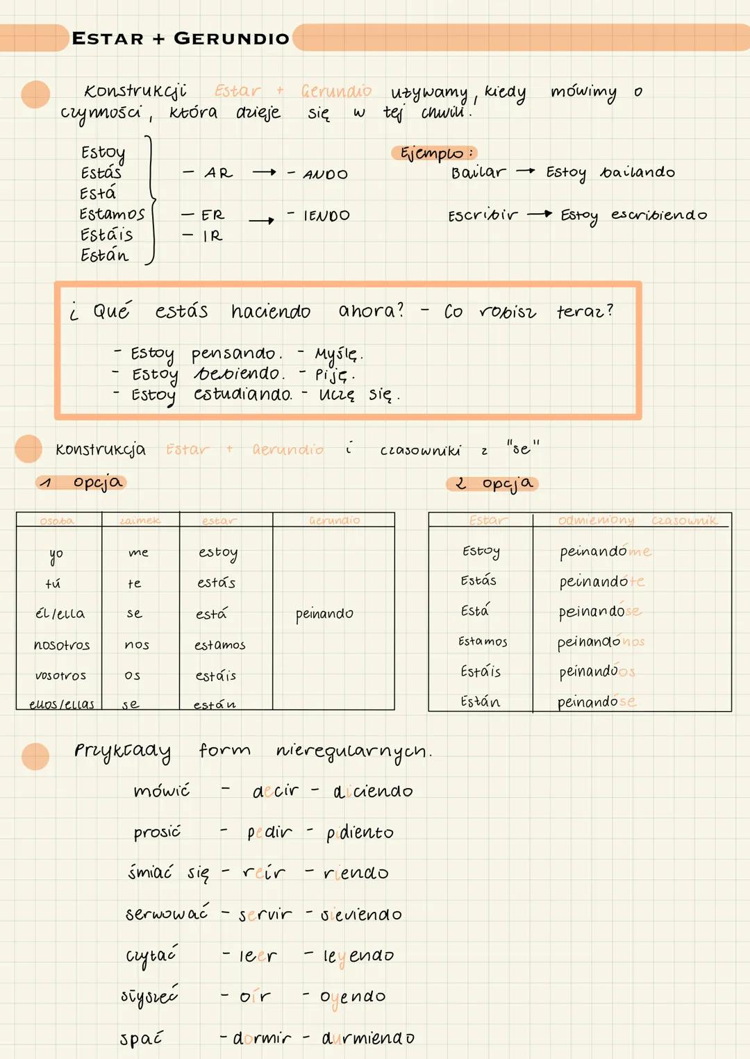 Estar
Konstrukcji
czynności, która dzieje
Estoy
Estás
Está
ESTAR + GERUNDIO
yo
osoba
tú
Estamos
Estáis
Están
él/ella
nosotros
vosotros
ellos