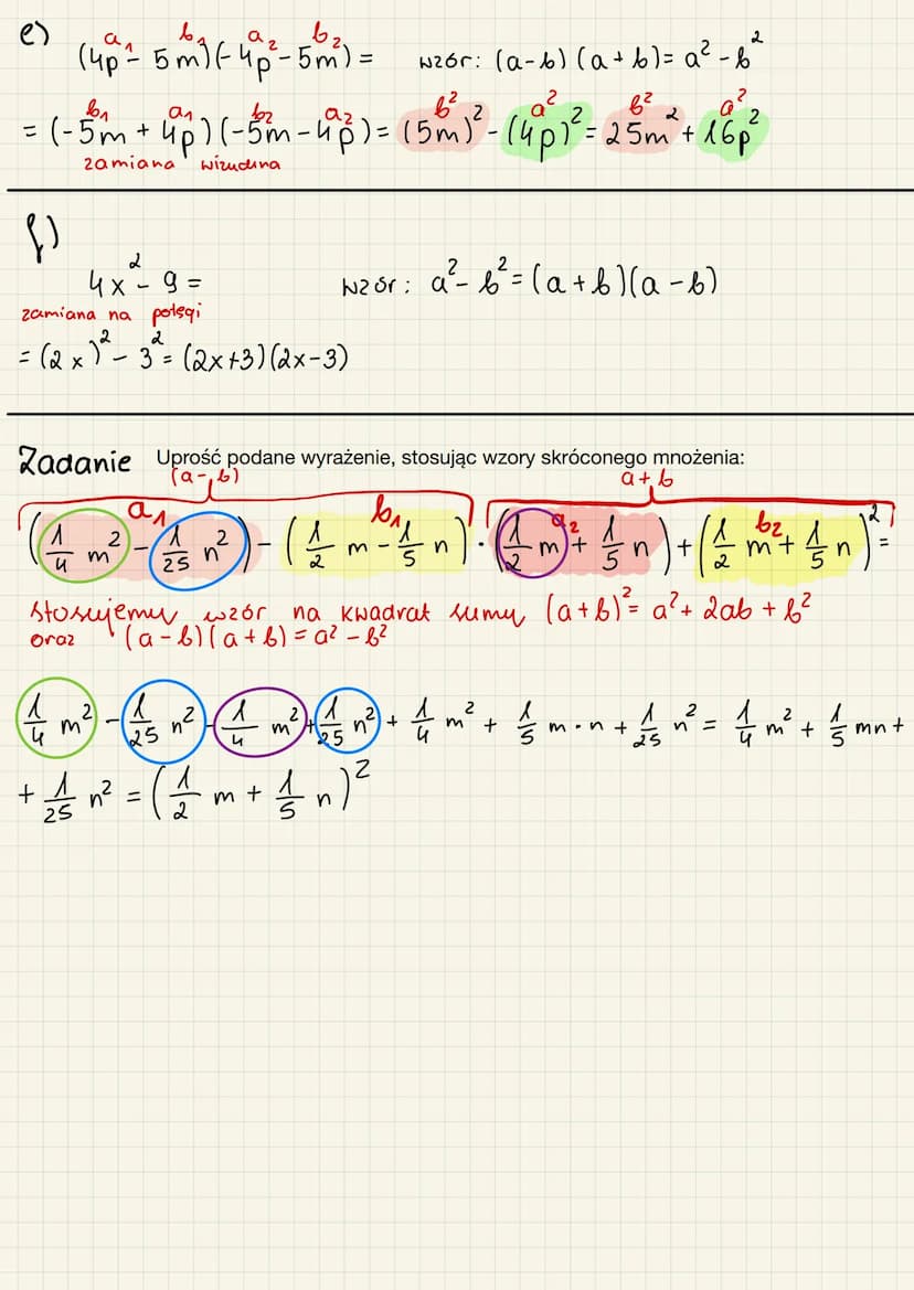 NZORY
1. (a + b)² = a² + 2ab +6²
Wzór na roznicę kwadratów sumy
2
2
2. (α - 6) = a²
2
2
3a-b² = (a - b)(a + b)
3.
Wzór na róznicę kwadratów
