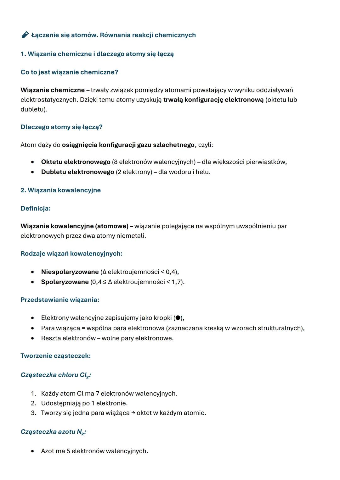 --- OCR Start ---
✔ Łączenie się atomów. Równania reakcji chemicznych
1. Wiązania chemiczne i dlaczego atomy się łączą
Co to jest wiązanie c