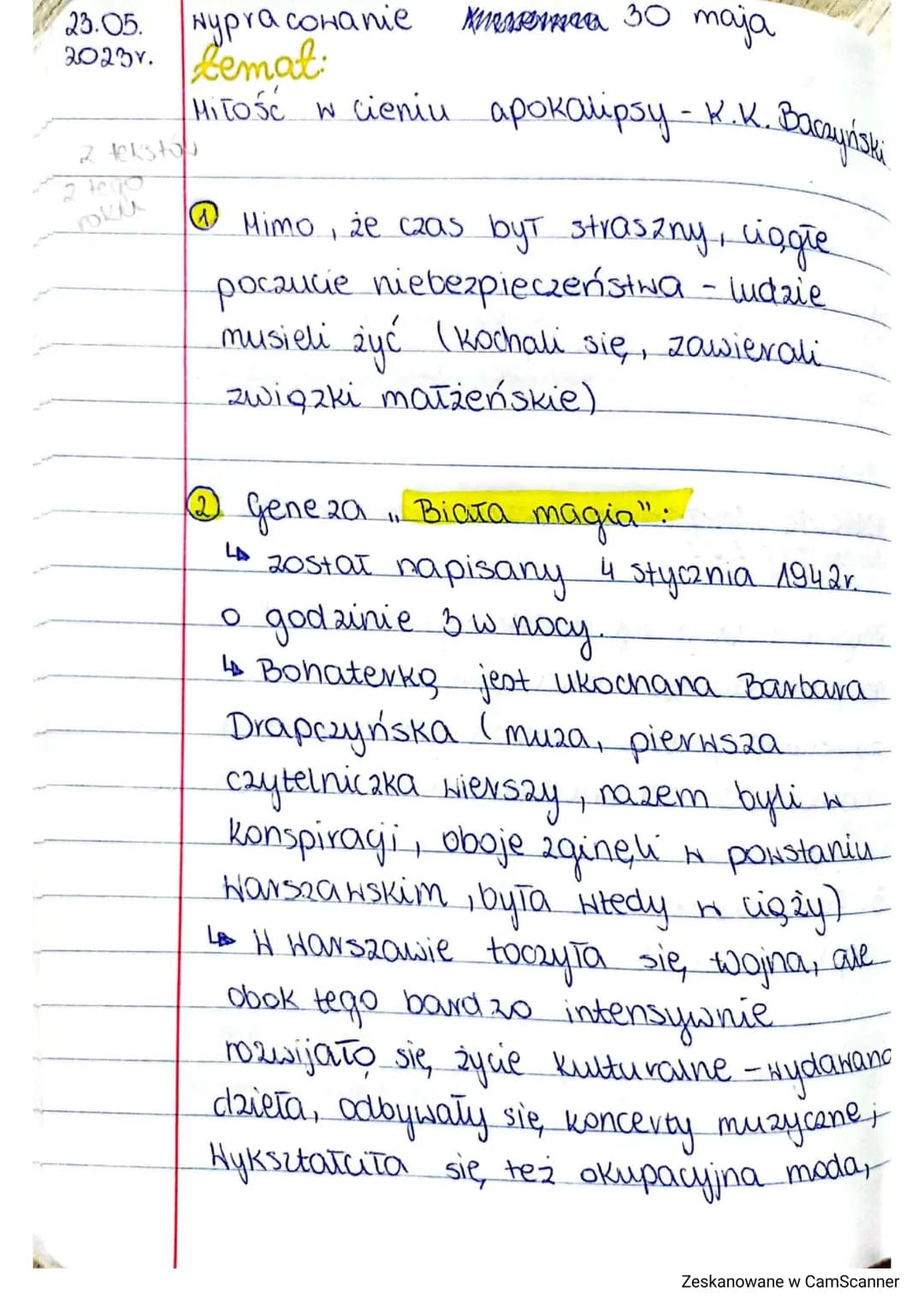 Kesme 30 maja
Miłość w cieniu apokalipsy - K.K. Baczyński
23.05.
Nypra coHanie
2023v. temat:
2 tekstow
2 tego
@ Mimo, że czas był straszny, 